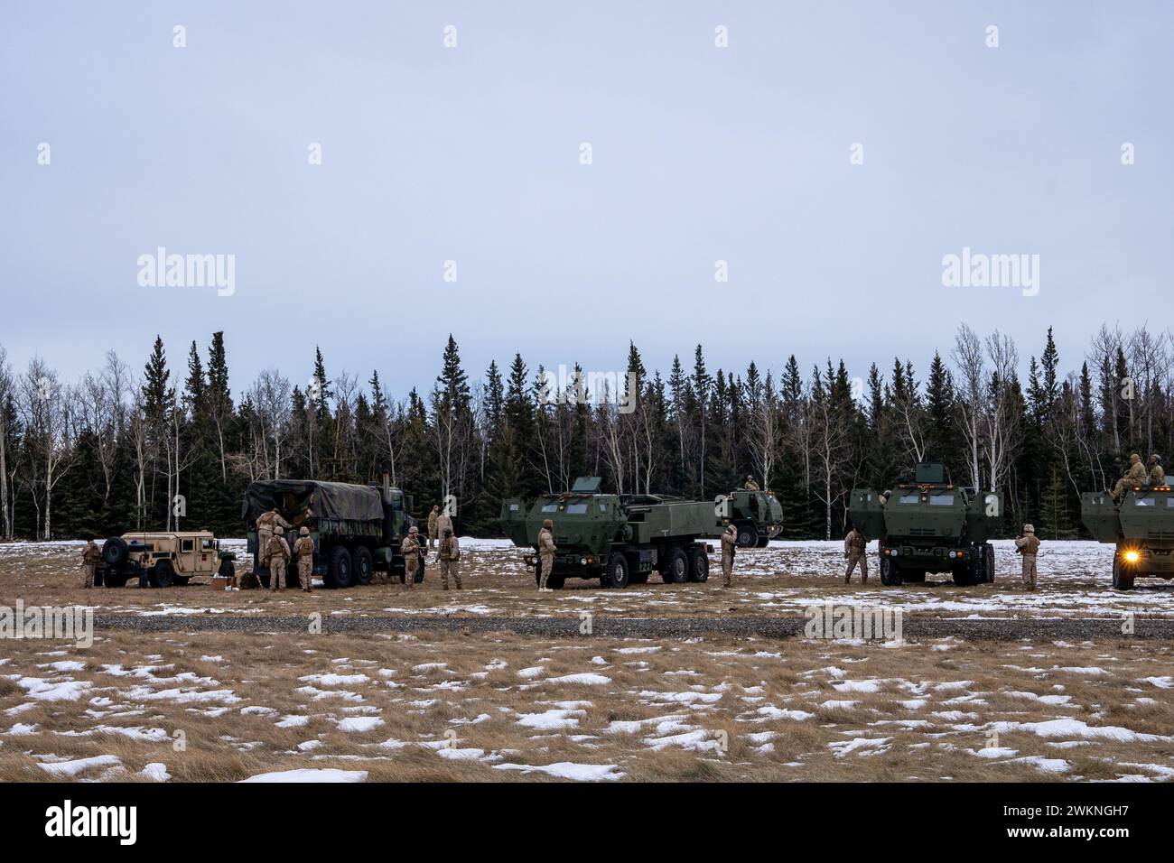 Mitglieder des U.S. Marine Corps und der US Army führen gemeinsame Übungen des High Mobility Artillery Rocket System (HIMARS) zur Vorbereitung der Übung Arctic Edge 2024 in Fort Greely, Alaska, am 18. Februar 2024 durch. Das HIMARS-Waffensystem ist ein hochmobiles Artillerie-Raketensystem, das sechs Lenkraketen in schneller Folge abfeuert. ARCTIC EDGE 2024 (AE24) ist eine vom US-Northern Command geführte Heimatverteidigungsübung, die die Fähigkeiten des US-Militärs bei extremer Kälte, die Bereitschaft gemeinsamer Truppen und das Engagement der US-Streitkräfte für gemeinsame strategische Sicherheitsinteressen in der Arktis demonstriert. (U.S. Marine Co Stockfoto