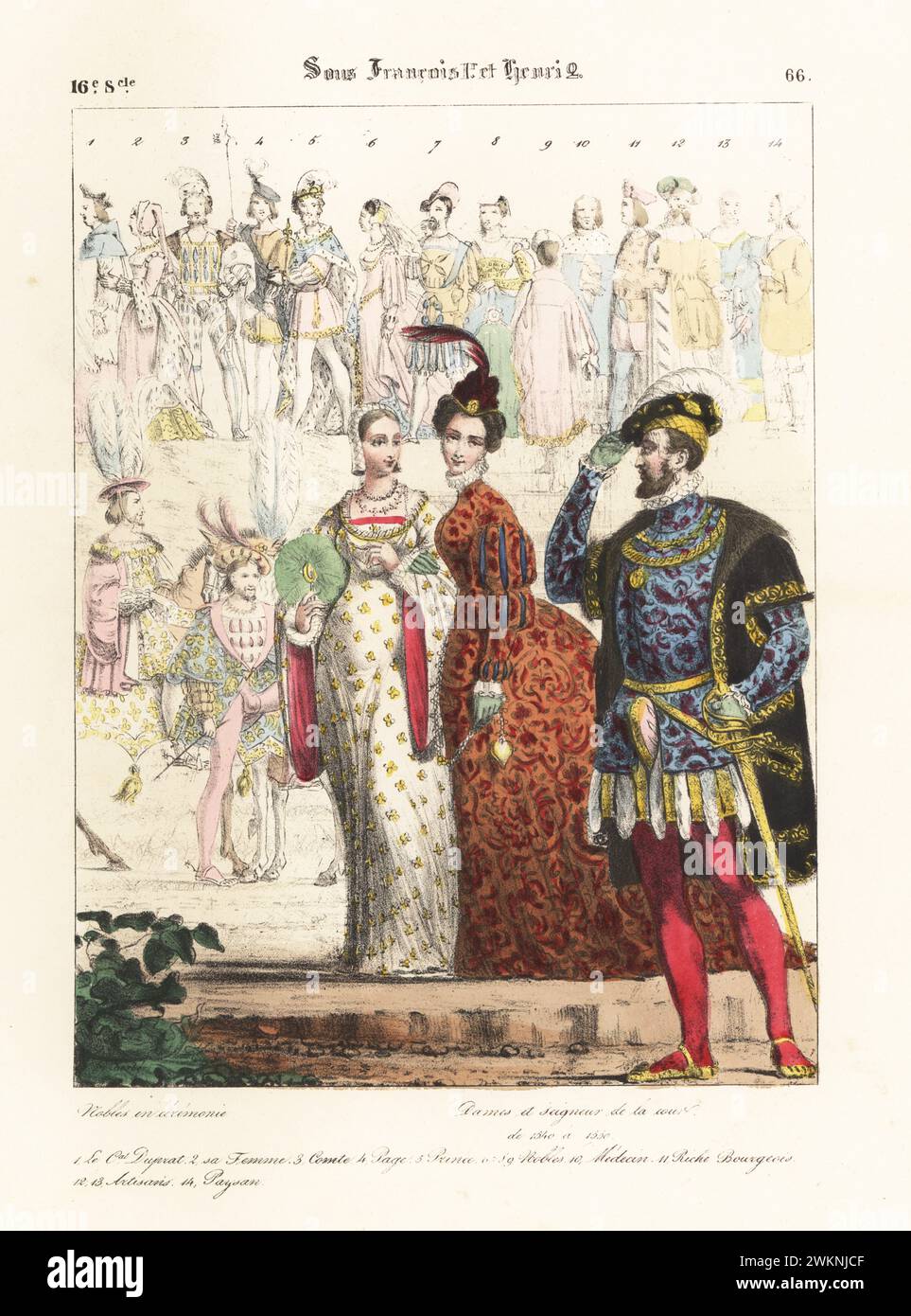 Damen und Herren am Hof von König Franz I. und Heinrich II., 1540-50. Edelmann in einem mit Pelz gefütterten cape, einem bestickten Wimperntuch, einem Steppsteg und einem Schlauch. Höflinge in bestickten Mänteln mit Schlitzen und durchgehenden Ärmeln. Adlige en Ceremonie, Dames et Seigneur de la Cour. Sous Francois 1 et Henri 2. Handkolorierte Lithografie von Godard nach einer Illustration von Charles Auguste Herbé aus seinen eigenen Kostümen Francais, Civils, Militaires et Religieux, französische Kostüme, Militär und Ordensleute, Maison Martinet, Paris, 1837. Stockfoto