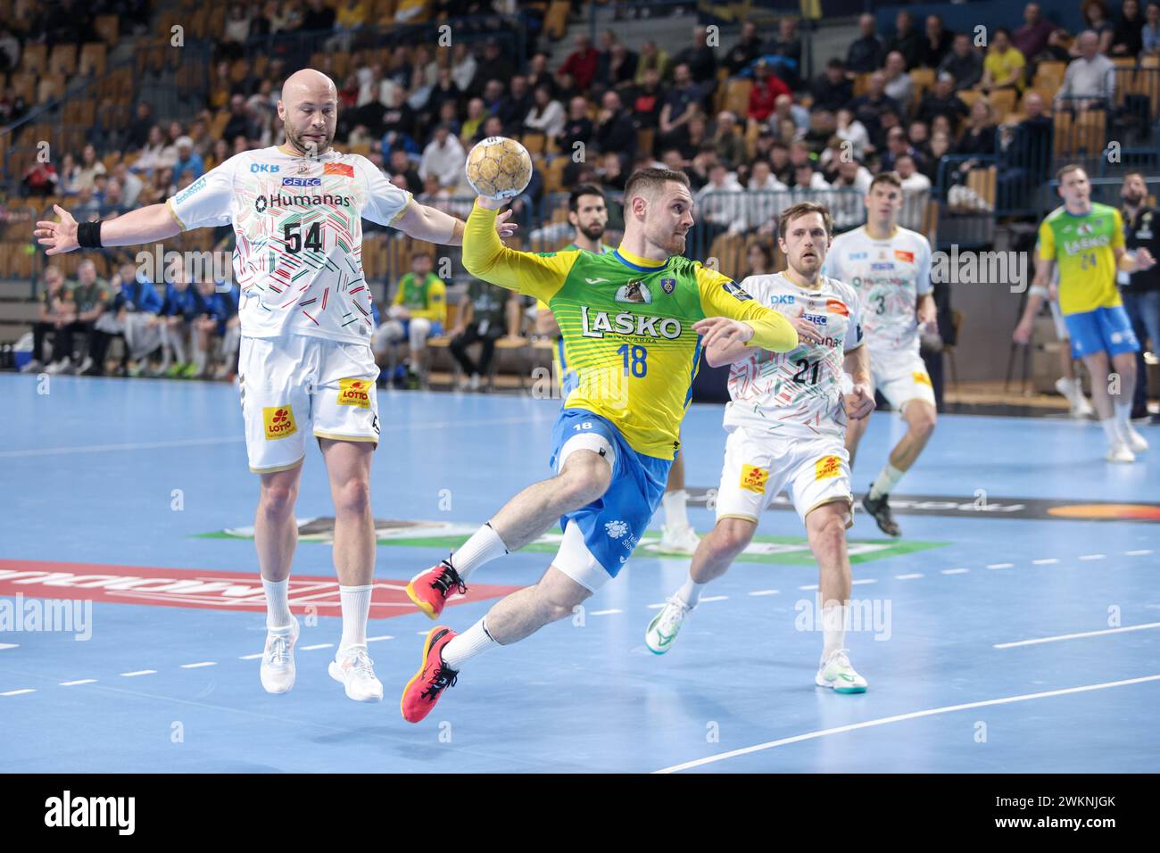 Celje, Slowenien. Februar 2024. Mitja Janc (2. L) von RK Celje Pivovarna Lasko schießt am 21. Februar 2024 in der EHF Champions League der Männer zwischen RK Celje Pivovarna Lasko und SC Magdeburg in Celje, Slowenien. Quelle: Zeljko Stevanic/Xinhua/Alamy Live News Stockfoto