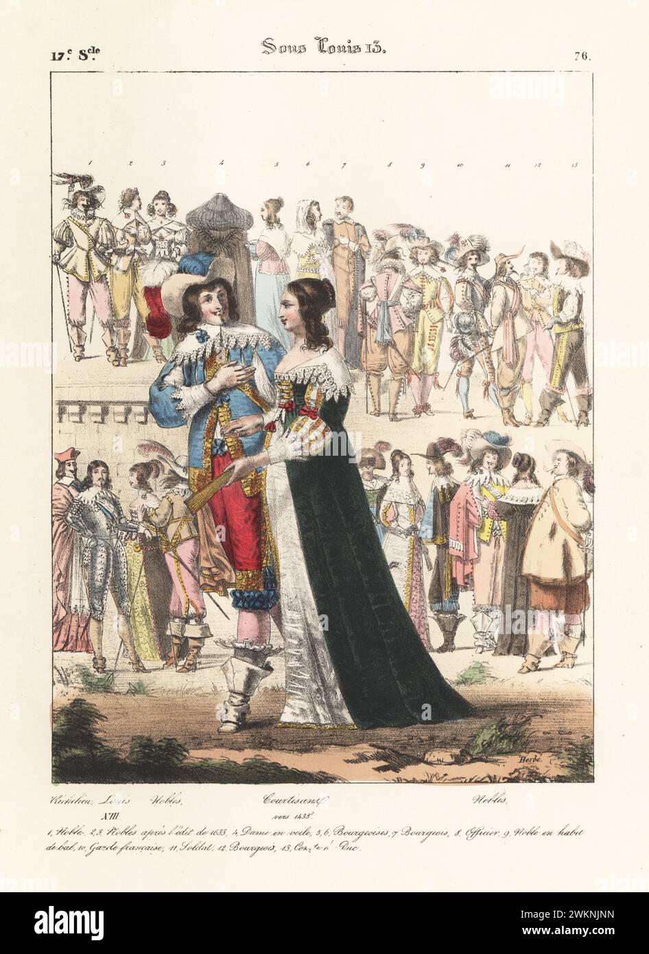 Höflinge in der Regierungszeit von König Ludwig XIII., 17. Jahrhundert. Edelmann in gefederter Mütze, Spitzenkragen, Wimpernhose und Rüschenhosen, Stiefeln. Mit Kardinal Richelieu, Ludwig XIII. Und Adligen. Sous Louis 13. Handkolorierte Lithografie von Godard nach einer Illustration von Charles Auguste Herbé aus seinen eigenen Kostümen Francais, Civils, Militaires et Religieux, französische Kostüme, Militär und Ordensleute, Maison Martinet, Paris, 1837. Stockfoto