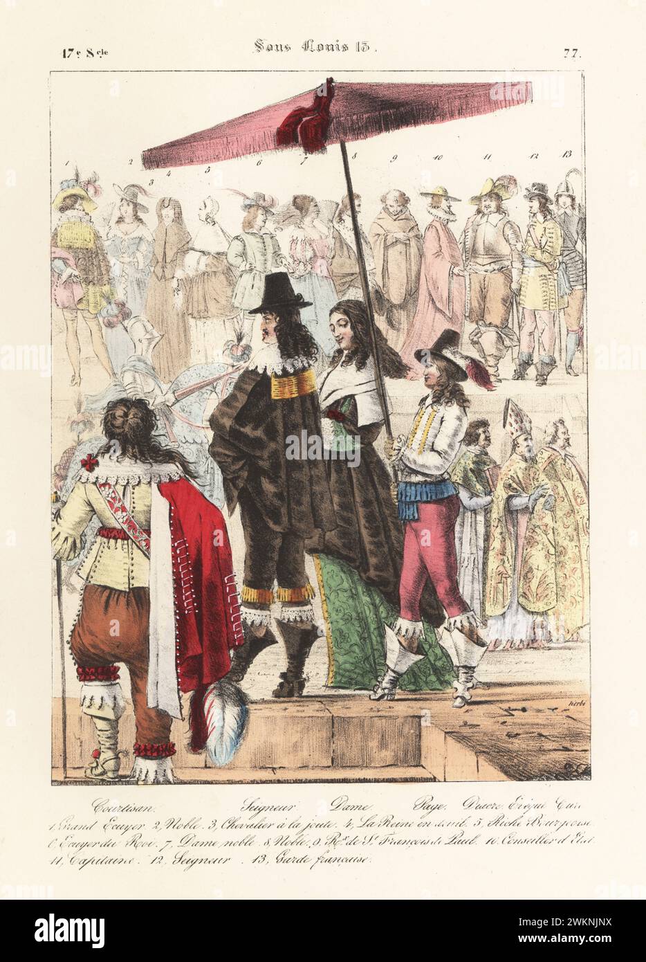 Herr und Dame unter einem Schirm, der an einer Seite gehalten wird, 17. Jahrhundert. Mann mit Spitzenkragen, Kapsel, Rüschenhosen und Stiefeln. Höflichkeitspflege und Kirchenwesen. Courtisan, Seigneur, Dame, Page, Eveque. Sous Louis 15. Handkolorierte Lithografie von Godard nach einer Illustration von Charles Auguste Herbé aus seinen eigenen Kostümen Francais, Civils, Militaires et Religieux, französische Kostüme, Militär und Ordensleute, Maison Martinet, Paris, 1837. Stockfoto