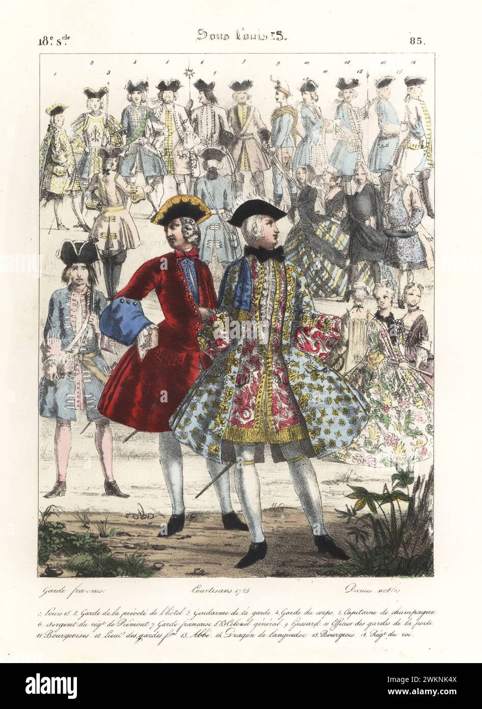 Höflinge und Adlige, Hof von König Ludwig XV Adlige in Dreiecksform, Justaucorps, Weste, Hose, mit barocken Rüschen und Stickereien. Garde Francais, Courtisans 1725, Dames Adligen. Sous Louis 15. Handkolorierte Lithografie von Godard nach einer Illustration von Charles Auguste Herbé aus seinen eigenen Kostümen Francais, Civils, Militaires et Religieux, französische Kostüme, Militär und Ordensleute, Maison Martinet, Paris, 1837. Stockfoto