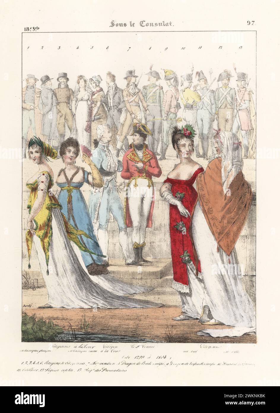 Trachten des Konsulats: Höflinge in altgriechischer und russischer Kleidung, Napoleon als erster Konsul, Bürger in Ballkostümen und Villen, 18. Jahrhundert. Antike Grecq, Citoyens a la Cour, Antique Russe, Le Premier Consul, Citoyenne. Sous le Consulat. Handkolorierte Lithografie von Godard nach einer Illustration von Charles Auguste Herbé aus seinen eigenen Kostümen Francais, Civils, Militaires et Religieux, französische Kostüme, Militär und Ordensleute, Maison Martinet, Paris, 1837. Stockfoto