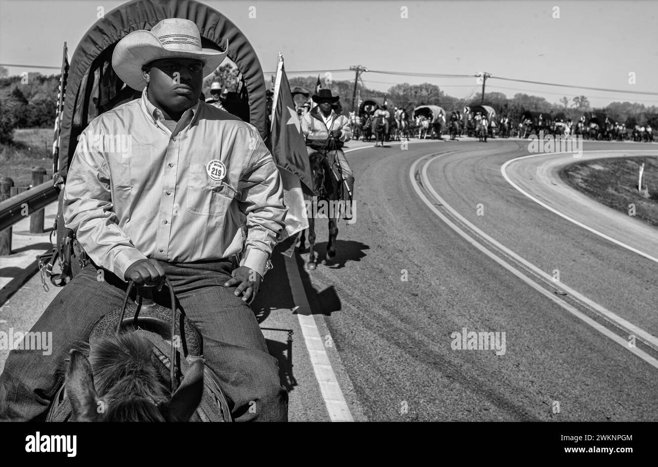 Prairie View, Texas, USA. Februar 2024. HERMAN CLAYTON ADAMS, 16, folgt 67 während der jährlichen Prairie View Trail Riders Association (PVTRA) auf ihrer 100 Meilen langen Reise von Hempstead, TX nach Houston für die jährliche Houston Livestock Show und Rodeo in Houston TX vom 27. Februar bis 17. März. Die PVTRA wurde 1957 gegründet und hat zum Ziel, das landwirtschaftliche Interesse junger Amerikaner zu fördern und jene Prinzipien und Methoden zu verewigen, die als ideale und Traditionen der westlichen Welt sowie als schwarzes westliches Erbe angesehen wurden. It Stockfoto