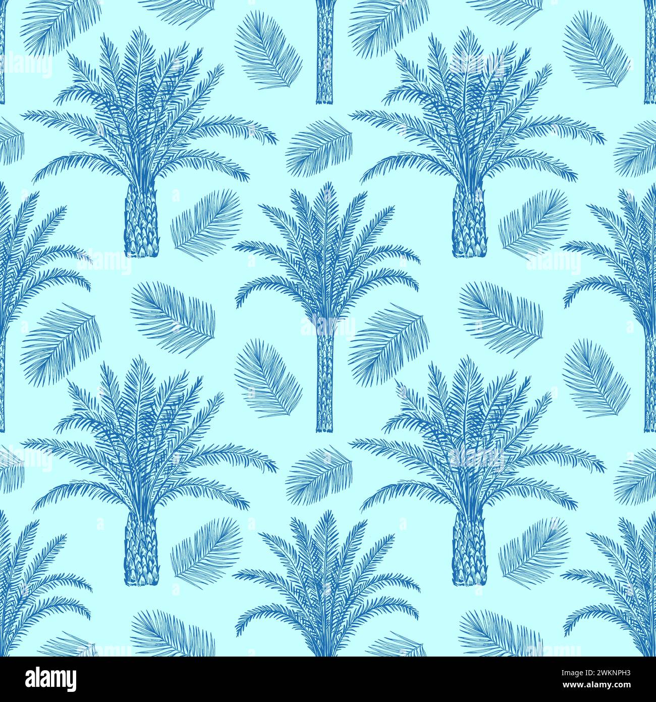 Nahtloses Muster mit Palmen und Blättern. Toile de Jouy im Retro-Stil. Stock Vektor