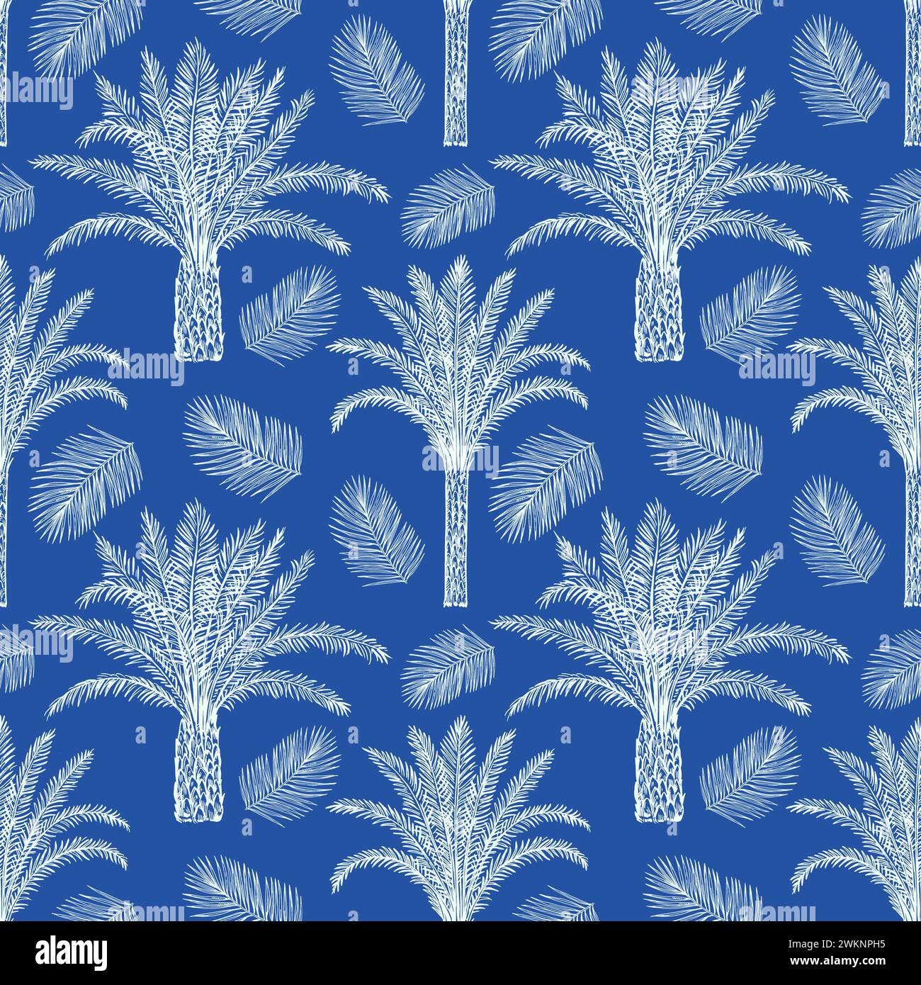 Nahtloses Muster mit Palmen und Blättern. Toile de Jouy im Retro-Stil. Stock Vektor