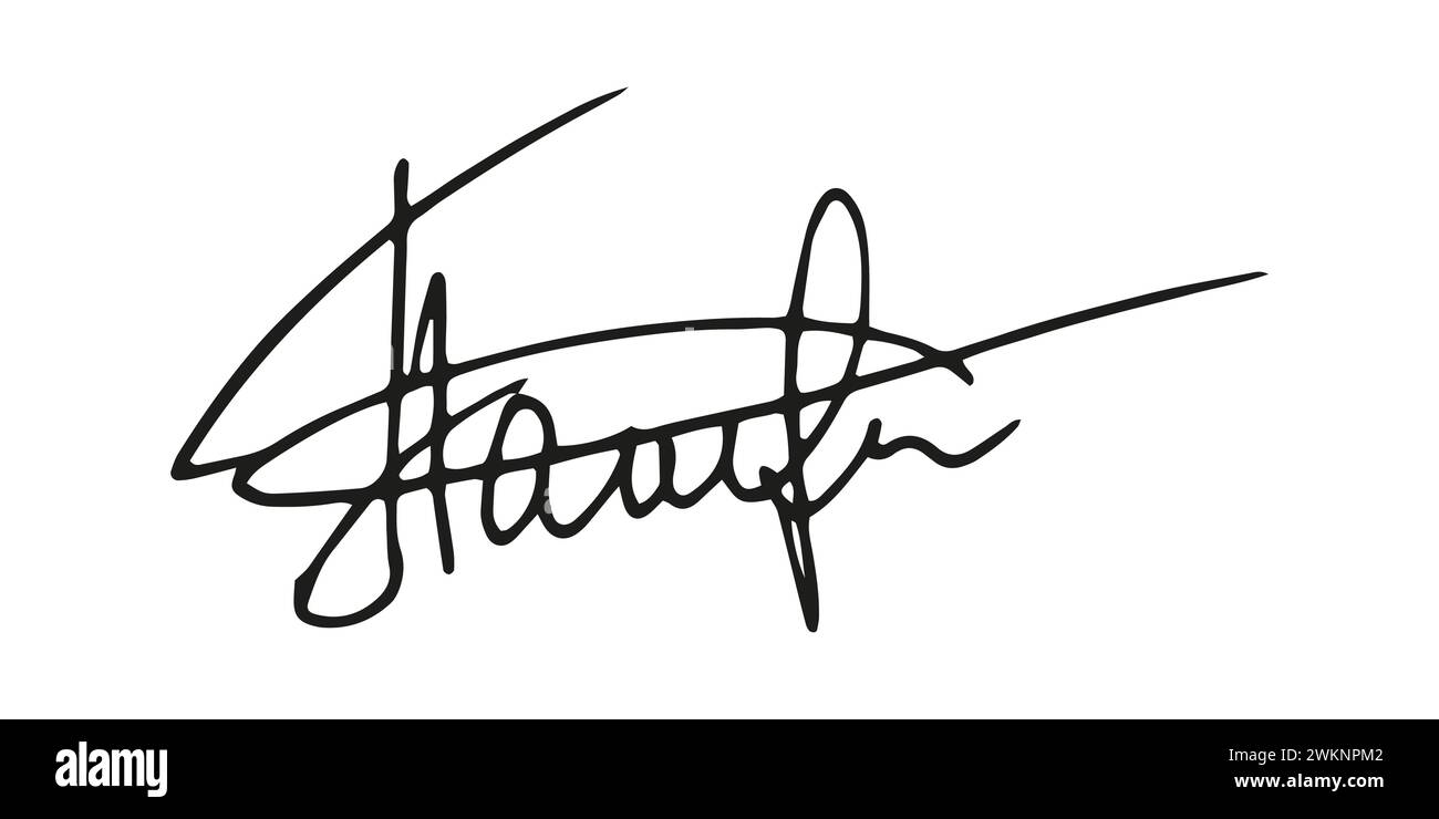 Gefälschte Signatur, handgezeichnetes Muster, eigenes Autogramm. Fiktive handschriftliche Unterschrift. Schwarze Tinte. Scribble für Musterverträge Dokumente Zertifikate oder Briefe. Vektorabbildung. Stock Vektor