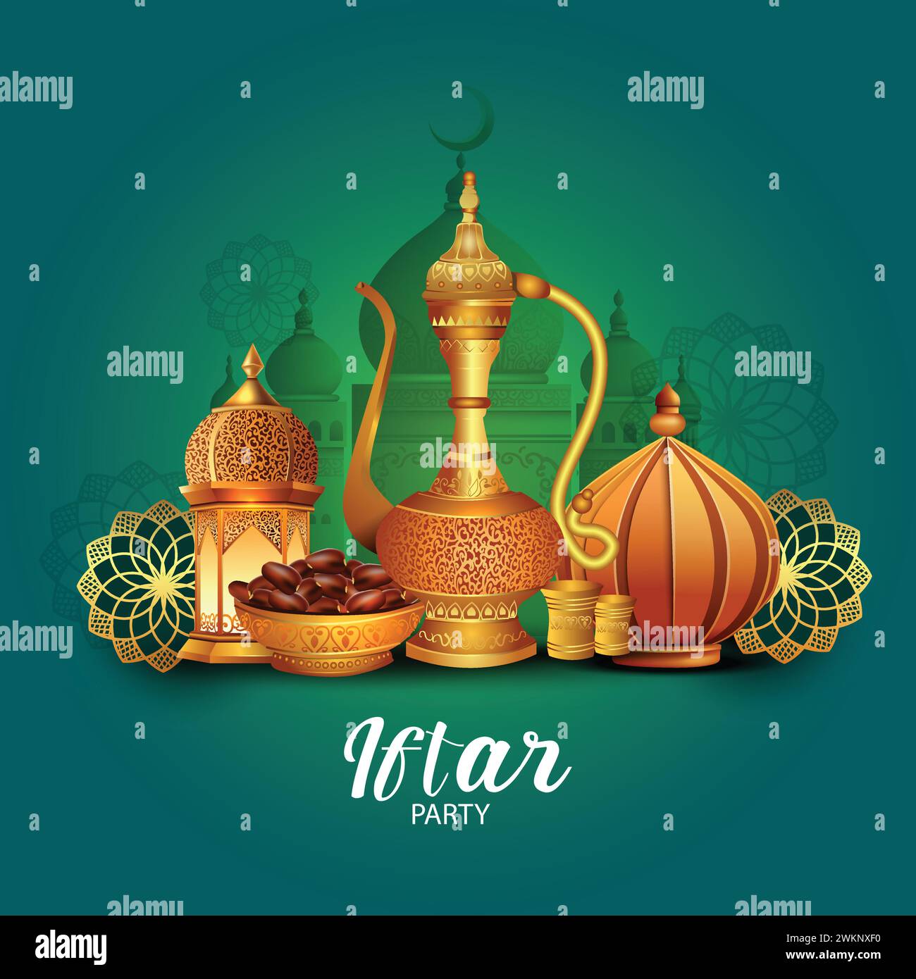 Laterne, Teekanne und Datteln Palmfrucht auf goldenes Tablett setzen Ramadan Kareem oder Eid Mubarak Design Hintergrund. Stock Vektor
