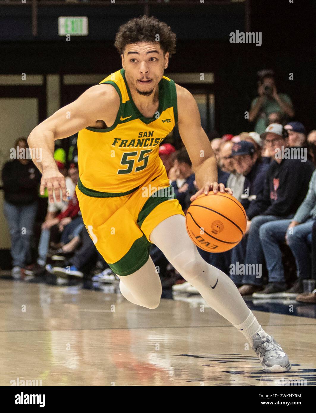 20. Februar 2024 Moraga CA, USA Marcus Williams (55) geht in den Korb während des NCAA Men's Basketball Spiels zwischen San Francisco Dons und den Saint Mary's Gaels. Saint Mary's schlug San Francisco 70-66 im University Credit Union Pavilion Moraga Calif Thurman James/CSM Stockfoto