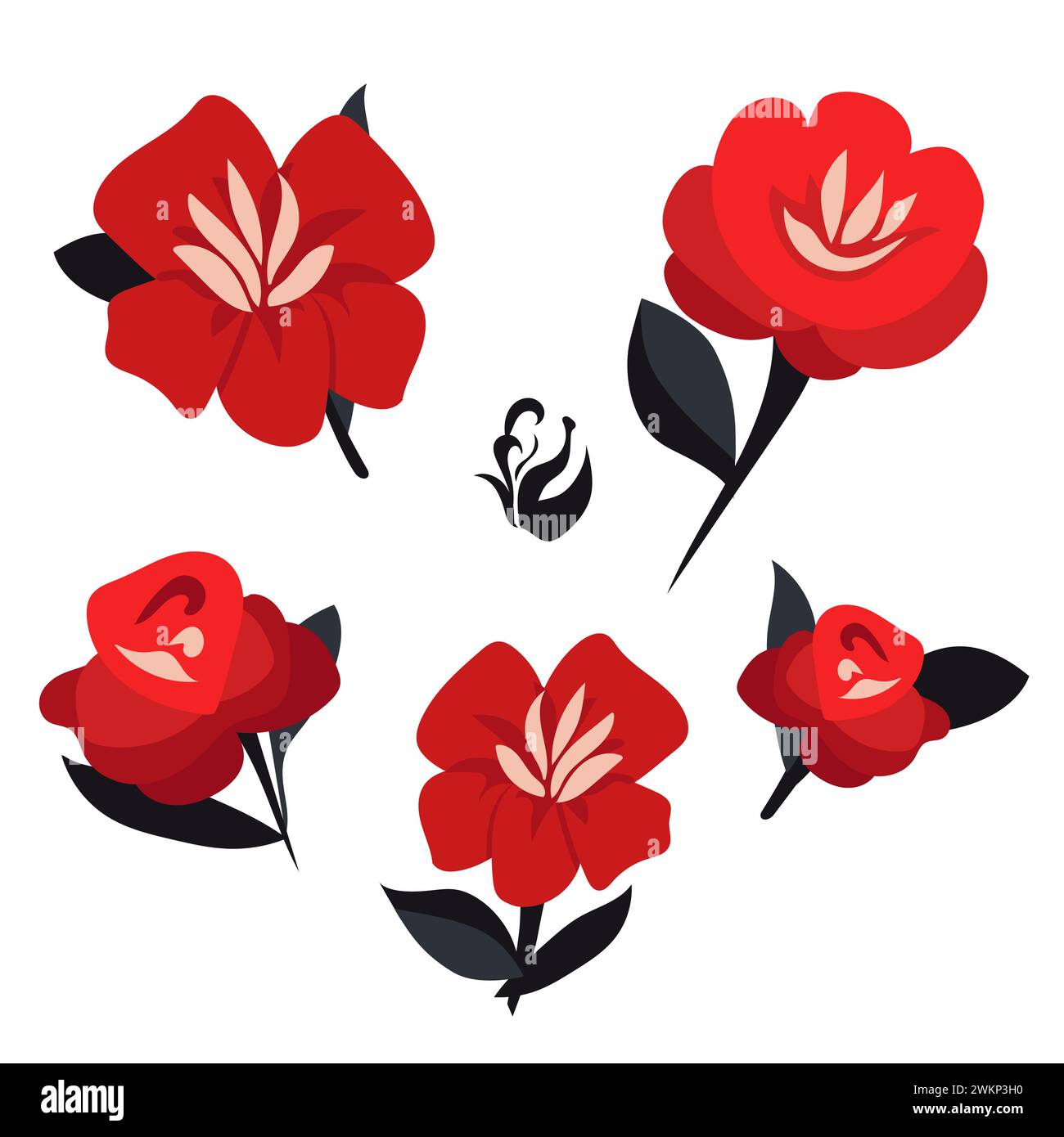 Einfache Vektoren handgezeichnete Blumen und Blatt. Rote schwarze Pflanzen in flacher Ausführung. Isolierte Illustration für Logo-Design, Flyer, Banner, Poster, Kalender, gre Stock Vektor