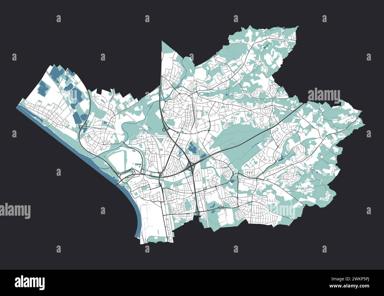 Karte von Leverkusen, Deutschland. Detaillierte Stadtvektorkarte, Metropolregion mit Grenze. Straßenkarte mit Straßen und Wasser. Stock Vektor