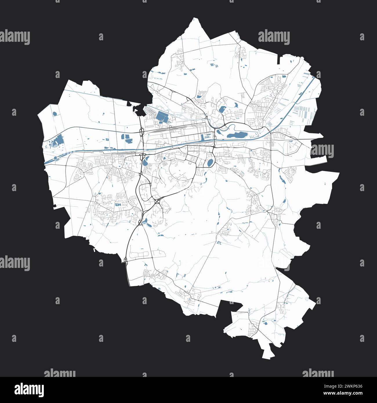 Karte von Wolfsburg, Deutschland. Detaillierte Stadtvektorkarte, Metropolregion mit Grenze. Straßenkarte mit Straßen und Wasser. Stock Vektor