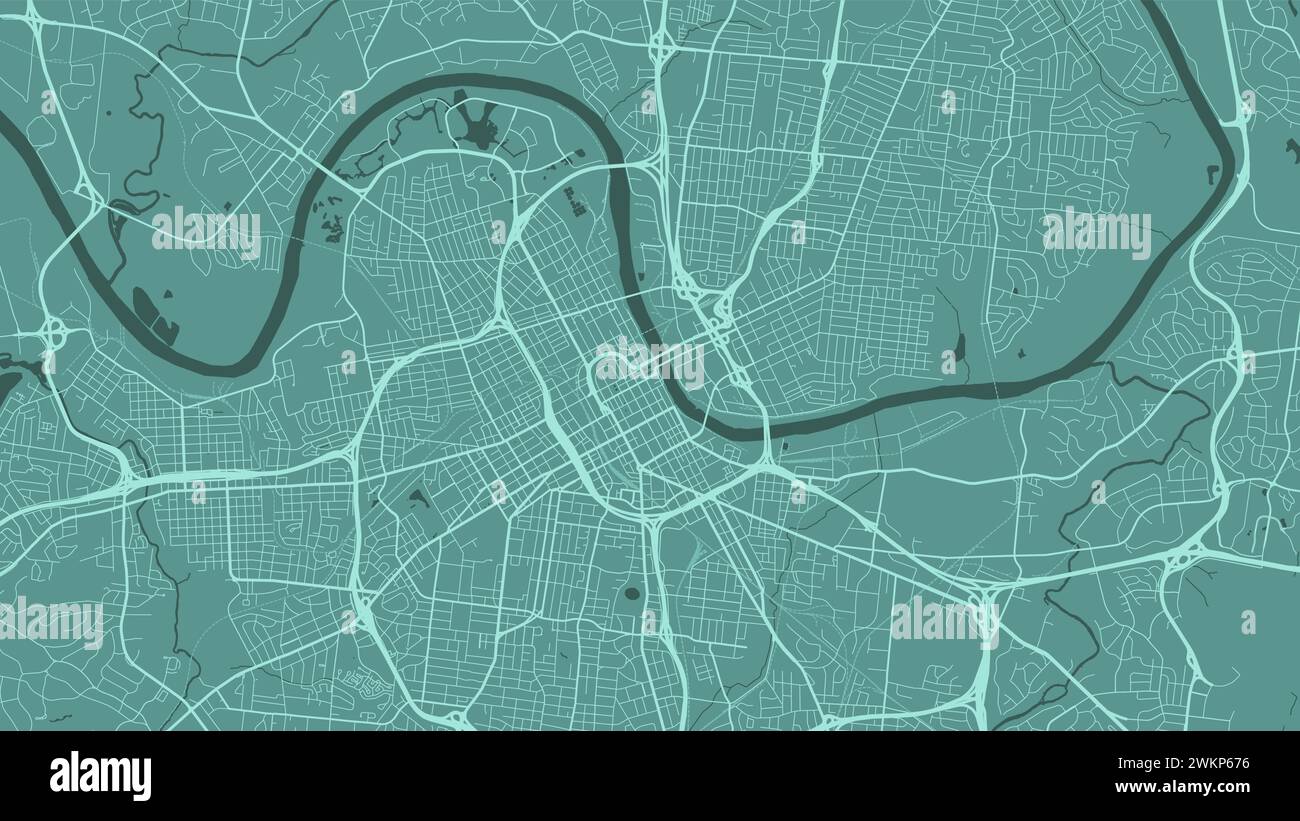 Hintergrund Nashville Karte, USA, grünes Stadtposter. Vektorkarte mit Straßen und Wasser. Breitbild-Proportionalformat, Digital Flat Design Roadmap. Stock Vektor