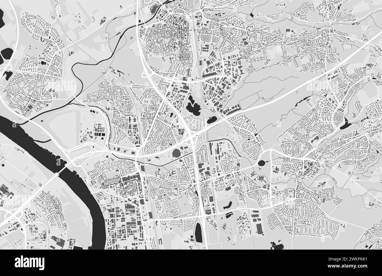 Leverkusen Karte, Deutschland. Stadtkarte in Graustufen, Straßenkarte im Vektor mit Straßen und Flüssen. Stock Vektor