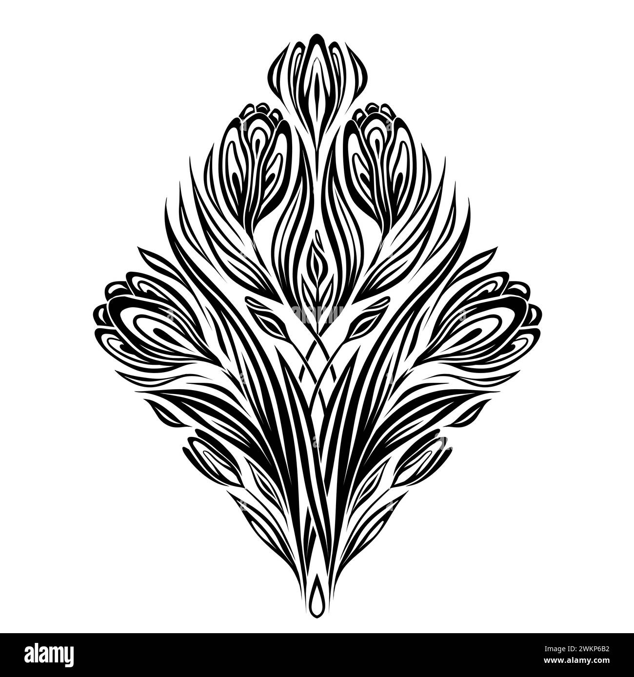 Vektormonochrome Illustration von Krokussen und Laub. Dekorative Spitze Clipart von kunstvollen Frühlingsblumen isoliert vom Hintergrund. Floralsymmetrisch Stock Vektor