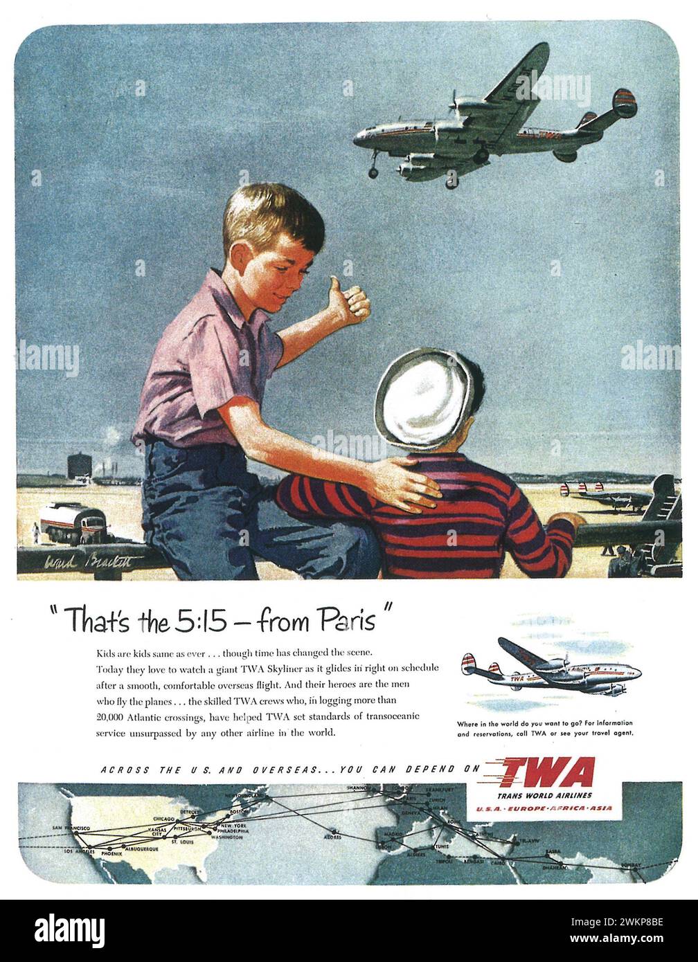 1951 TWA-Printwerbung. Illustration von Ward Brackett „5:15 von Paris“ Stockfoto
