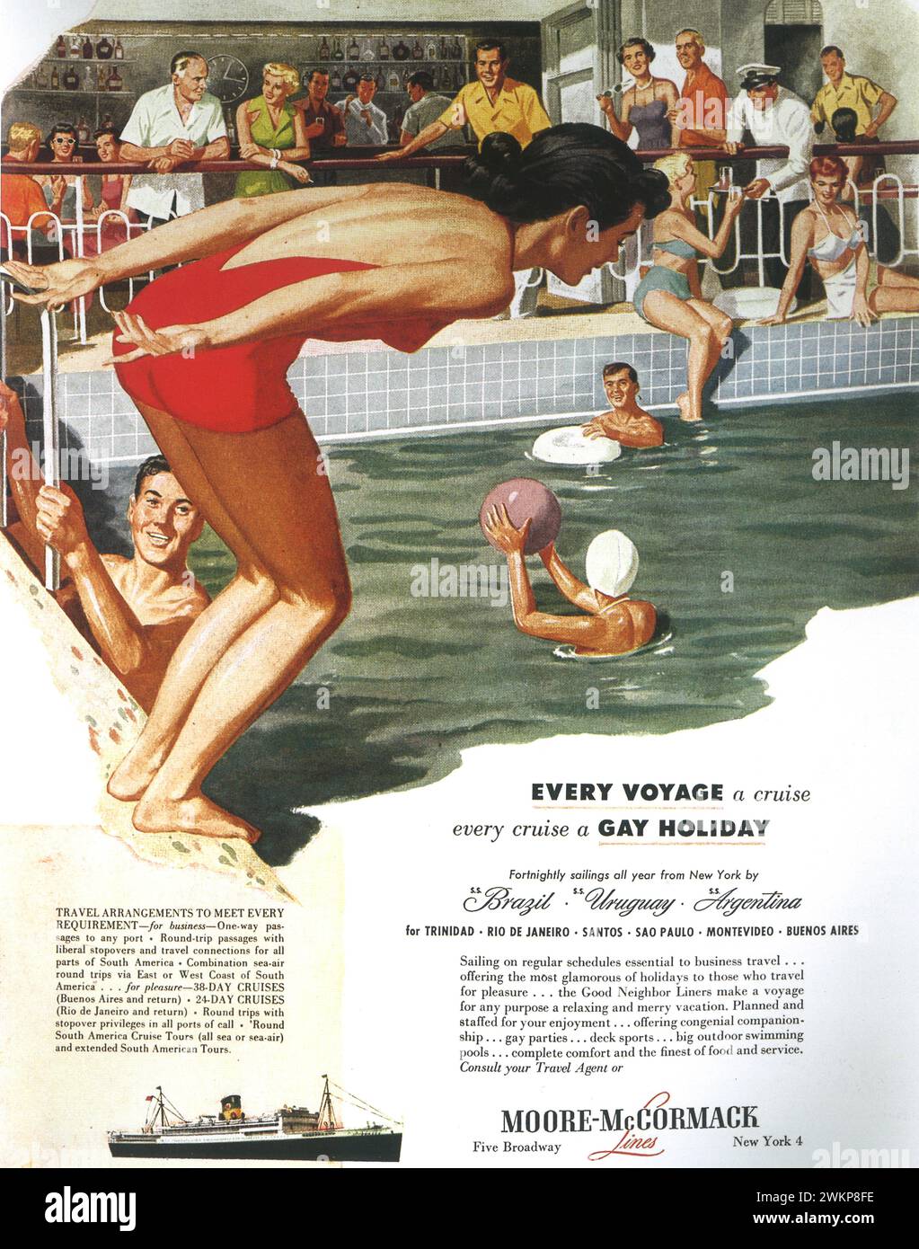 1952 Moore-McCormack Lines Cruises Printwerbung.'Every Journey a Cruise. Jede Kreuzfahrt ist ein schwuler Urlaub." Stockfoto