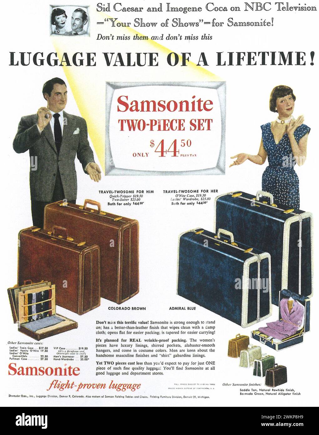 1953 Samsonite Gepäckdruck-Anzeige. „Flugbewährtes Gepäck“. Stockfoto