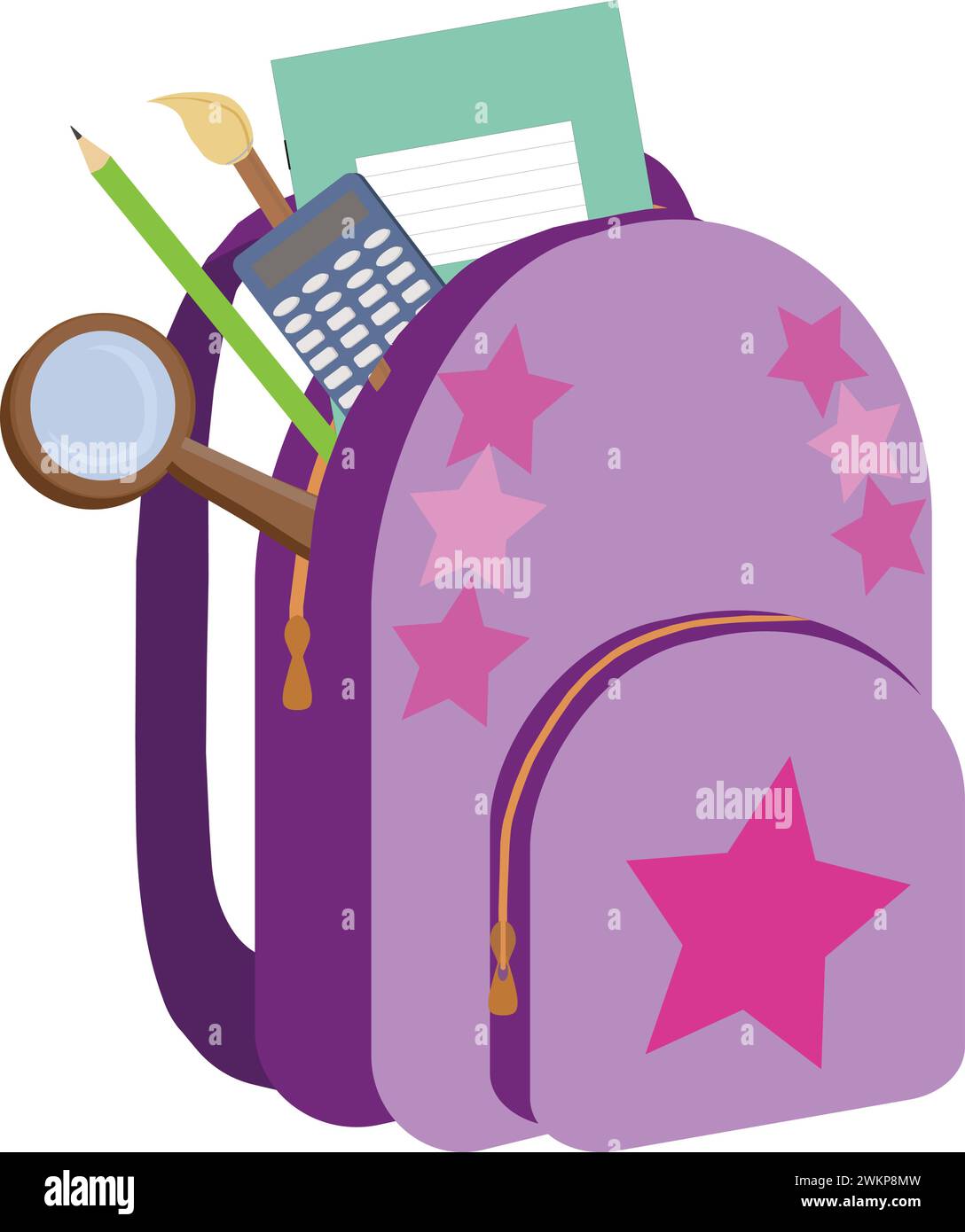 Schulrucksack mit Schreibwaren. Back-to-School-Konzept. Vektorillustration isoliert auf weißem Hintergrund. Stock Vektor
