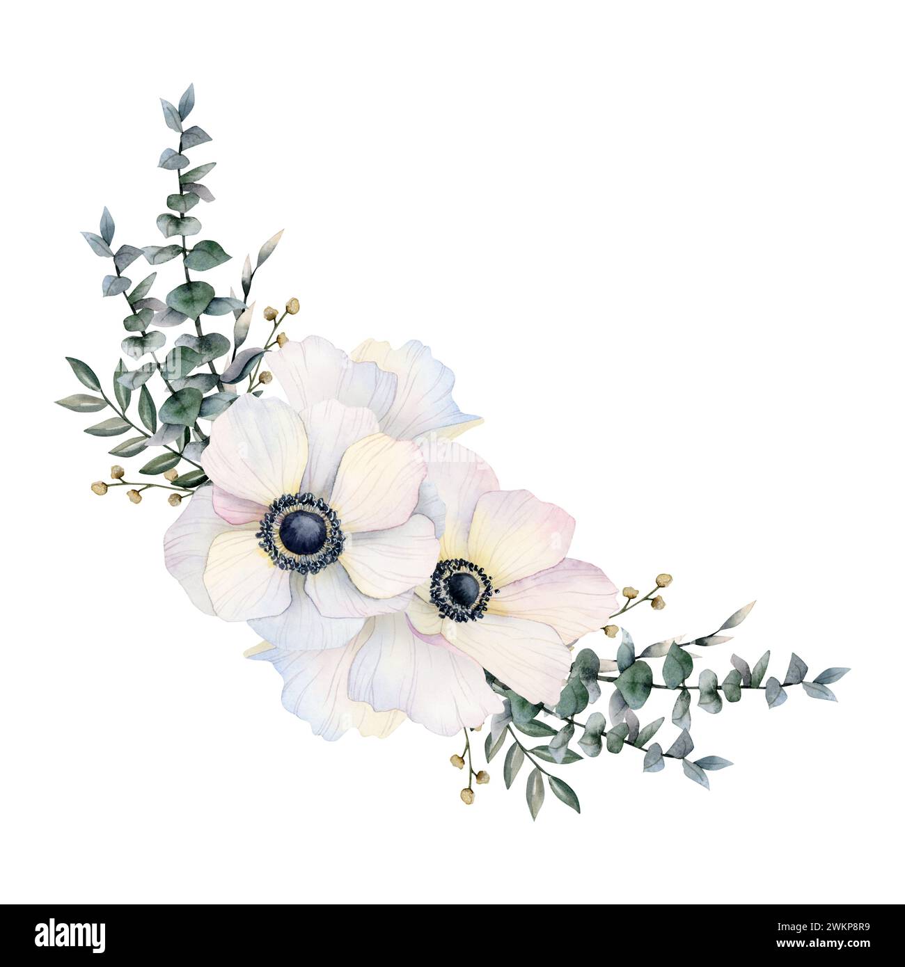 Weiße Feldmohn Blumenstrauß mit Anemonen, Eukalyptus und Gras Aquarell Illustration für Karten und Frühlingshochzeit Stockfoto