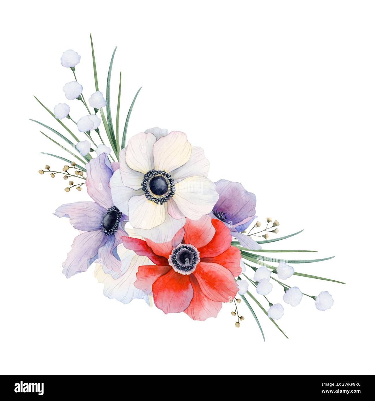 Rote Mohnblumen und weiße und pastelllila Feldanemonen Blumen Eckkomposition mit Gras Aquarell Illustration Stockfoto