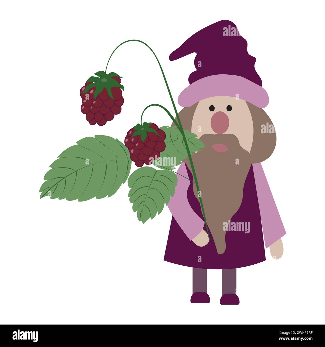 Zwergzeichen. Süße, lustige Gnome mit Bart. Kleine Männer mit Zweigen, Beeren und Himbeerblättern auf einem hellgrünen Stock Vektor