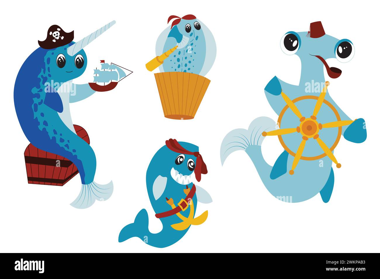 Piratenparty, ein Set von Elementen für einen Kindergeburtstag. Niedliche Fischpiraten. Lustige Charaktere im Zeichentrickstil Hai Stock Vektor
