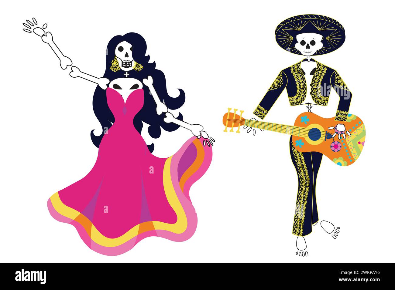 Dia de muertos Postkarte, tanzende Skelette in mexikanischen Kostümen und eine Gitarre. Vektorillustration isoliert auf weißem Hintergrund. Stock Vektor