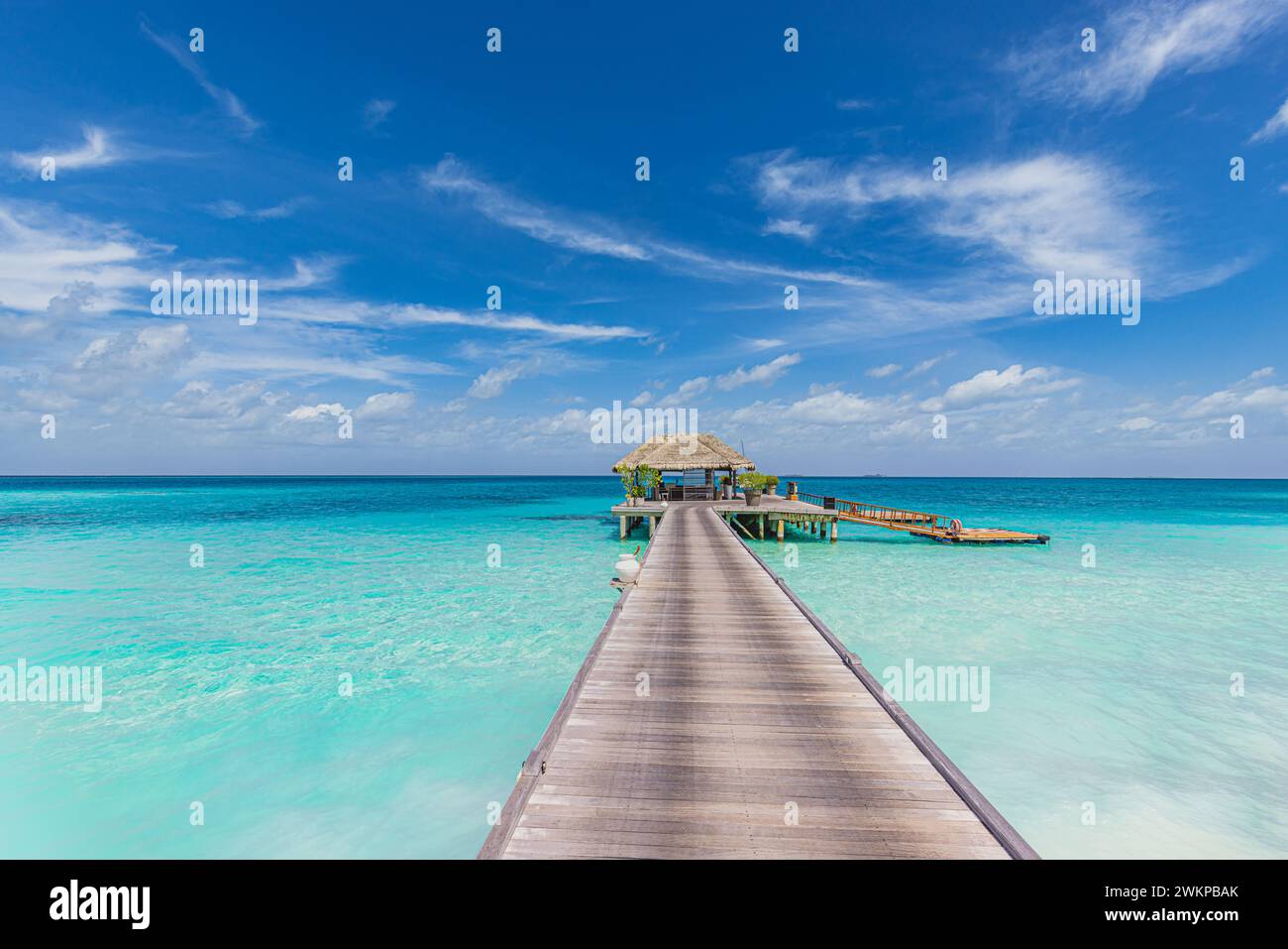 Beste Reiselandschaft. Exotische Insel Meeresbucht Holzpier über unberührter Lagune führt in ein wunderschönes tropisches Paradies, Kokospalmen, weißen Sand. Ruhig Stockfoto