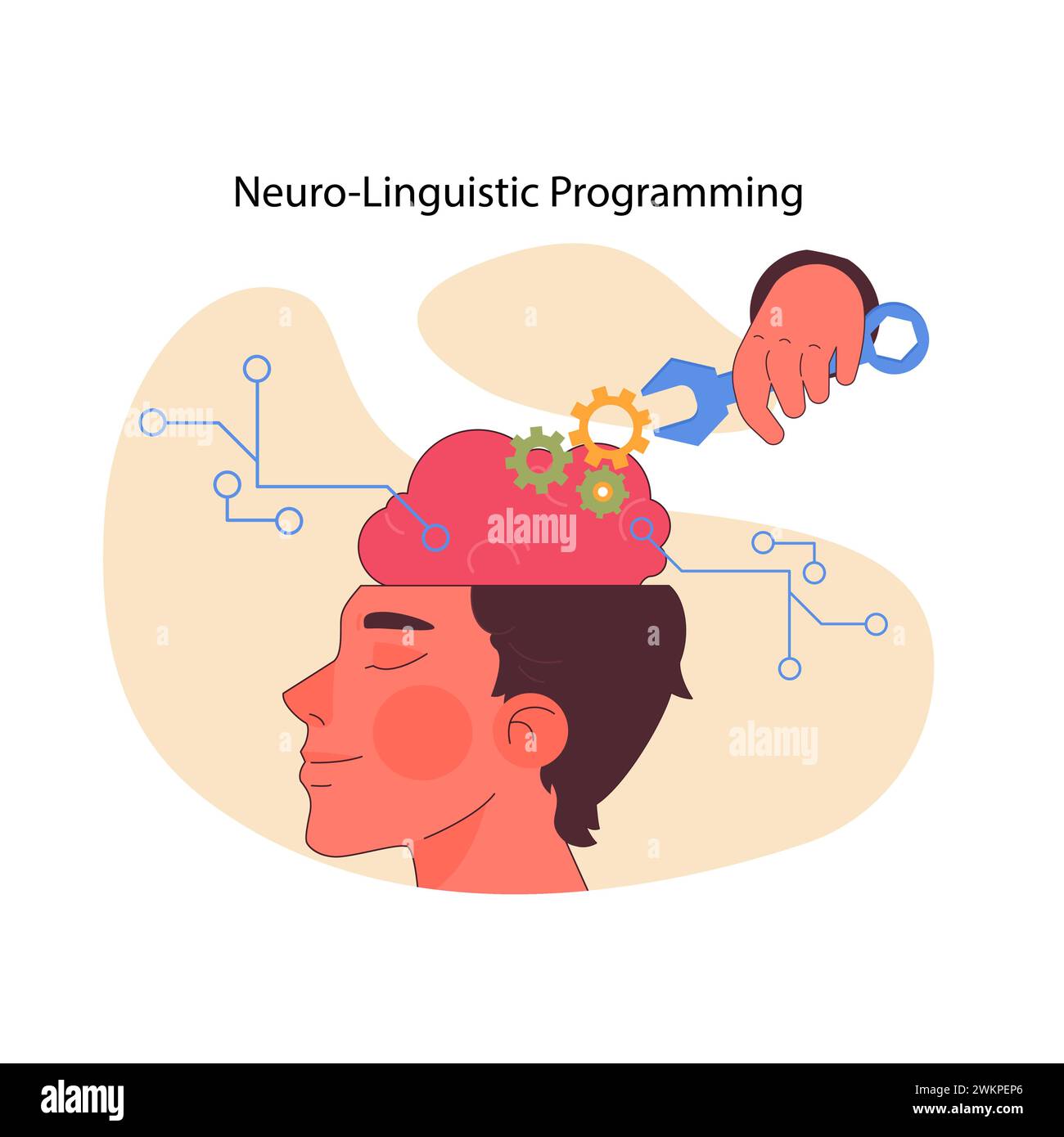 Neuro-linguistische Programmierungsforschung. Geistige komplizierte Arbeit, zerebrale Mechanik, kognitiver Prozess. Gedankenmodulation und geistige Beweglichkeit. Hirnsprache verstehen. Illustration des flachen Vektors Stock Vektor