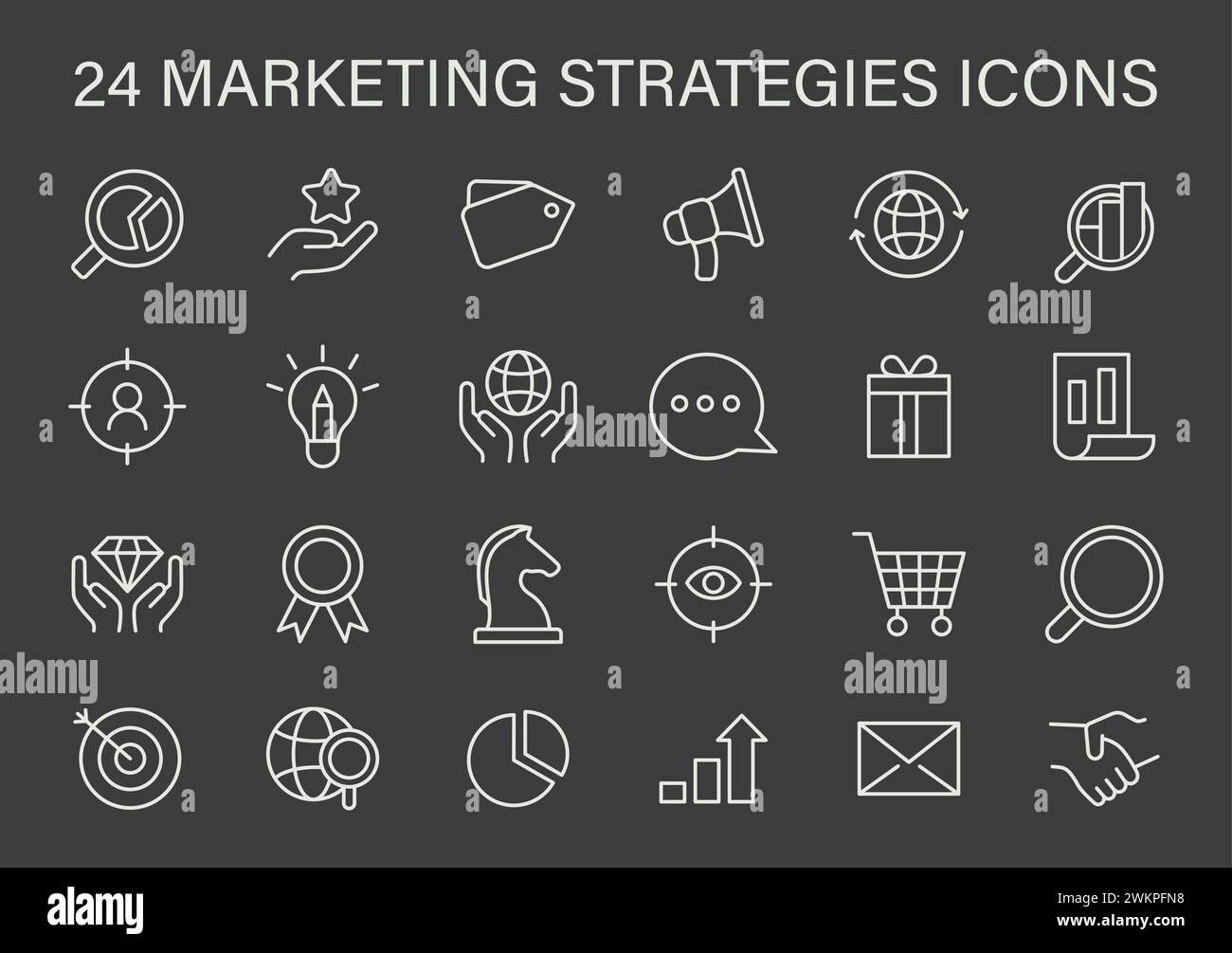 Symbole Für Marketingstrategien Festgelegt. Eine Sammlung von Liniensymbolen, die wichtige Marketingstrategien wie SEO, Social Engagement und Analysen darstellen. Illustration des flachen Vektors. Stock Vektor