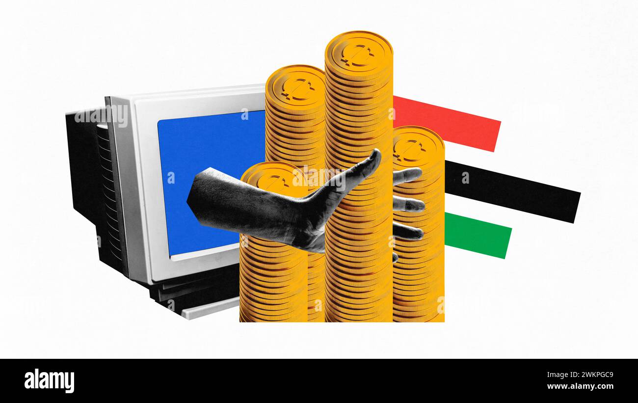 Poster. Zeitgenössische Kunstcollage. Hände klettern aus dem alten Computer und greifen nach Goldmünzen. Bargeldloses Geld. Stockfoto
