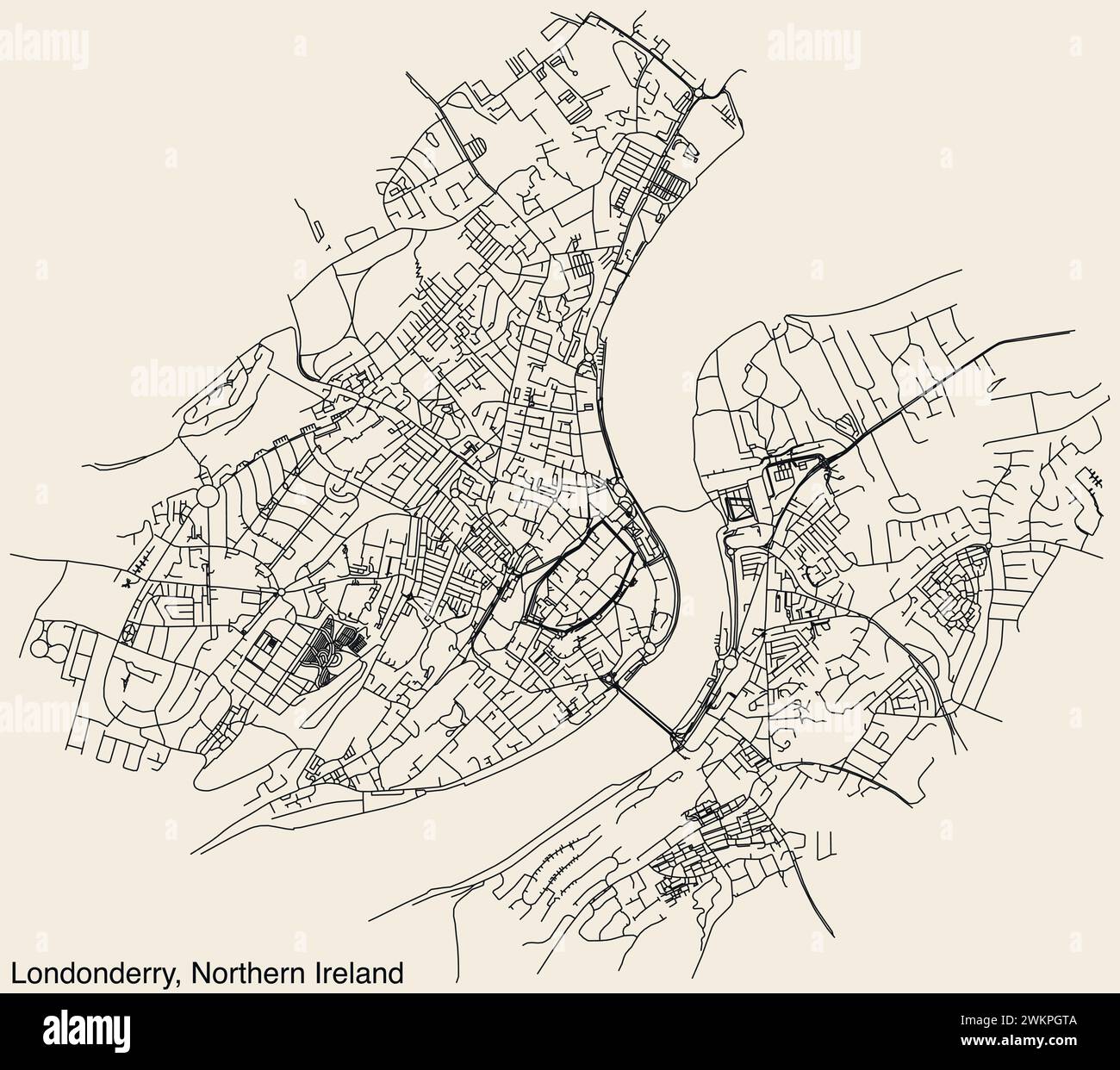 Straßenkarte der britischen Stadt LONDONDERRY, NORDIRLAND Stock Vektor