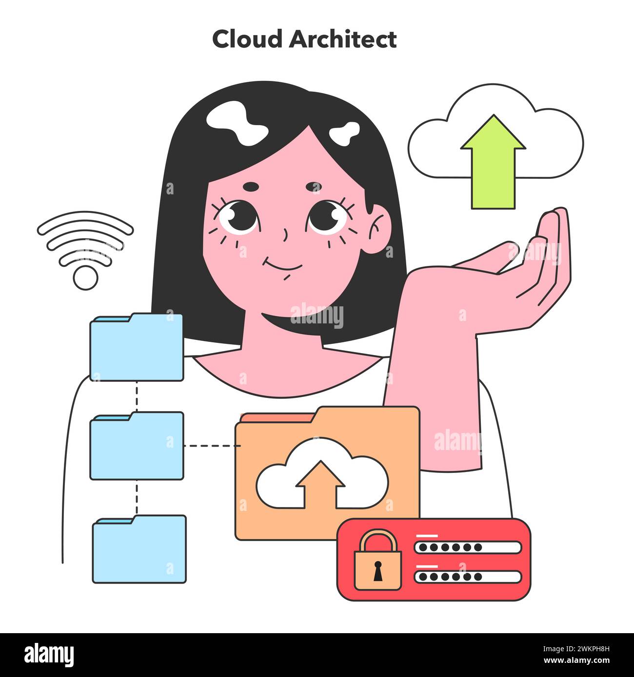 Ein Cloud Architect erweitert Daten in die Stratosphäre und erstellt sichere und skalierbare Cloud-Lösungen, die moderne Unternehmen unterstützen. Stock Vektor
