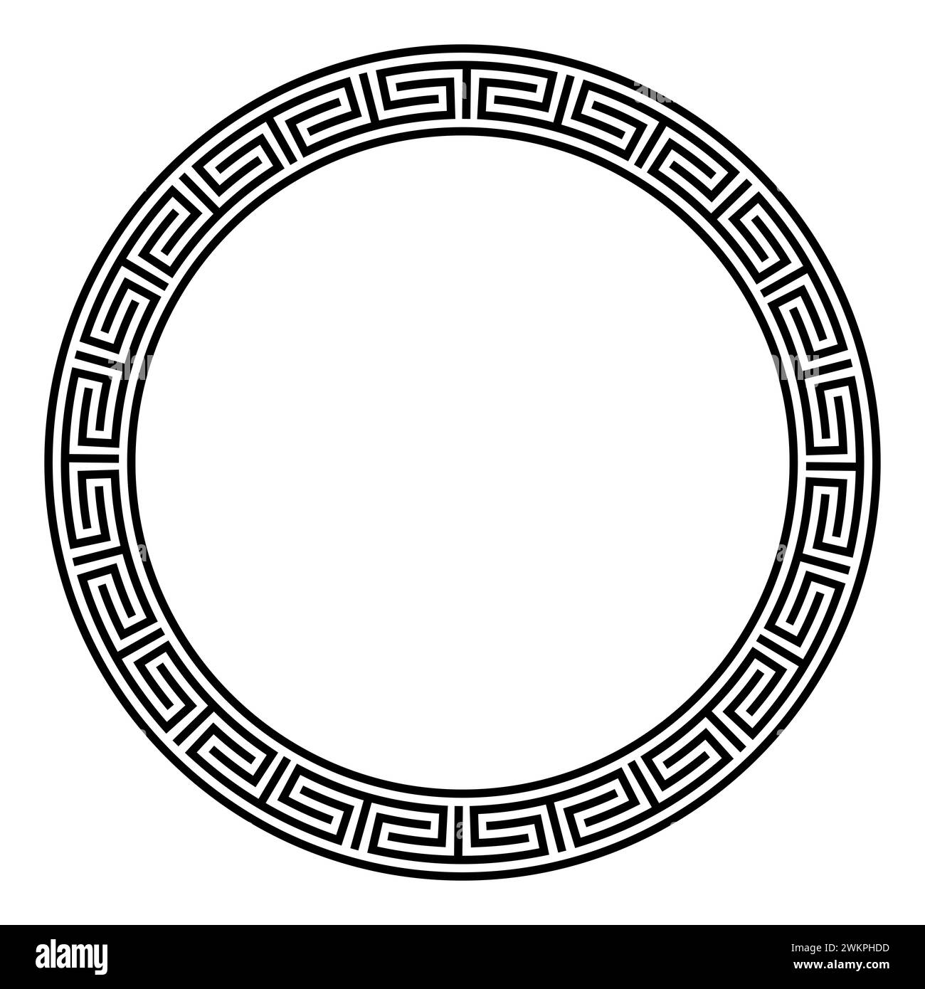 Chinesisches Mäandermuster, kreisförmiger Rahmen. Dekorativer Rundrand mit abgetrennten und richtungswechselnden Mäandern, ein wiederholtes Motiv. Stockfoto