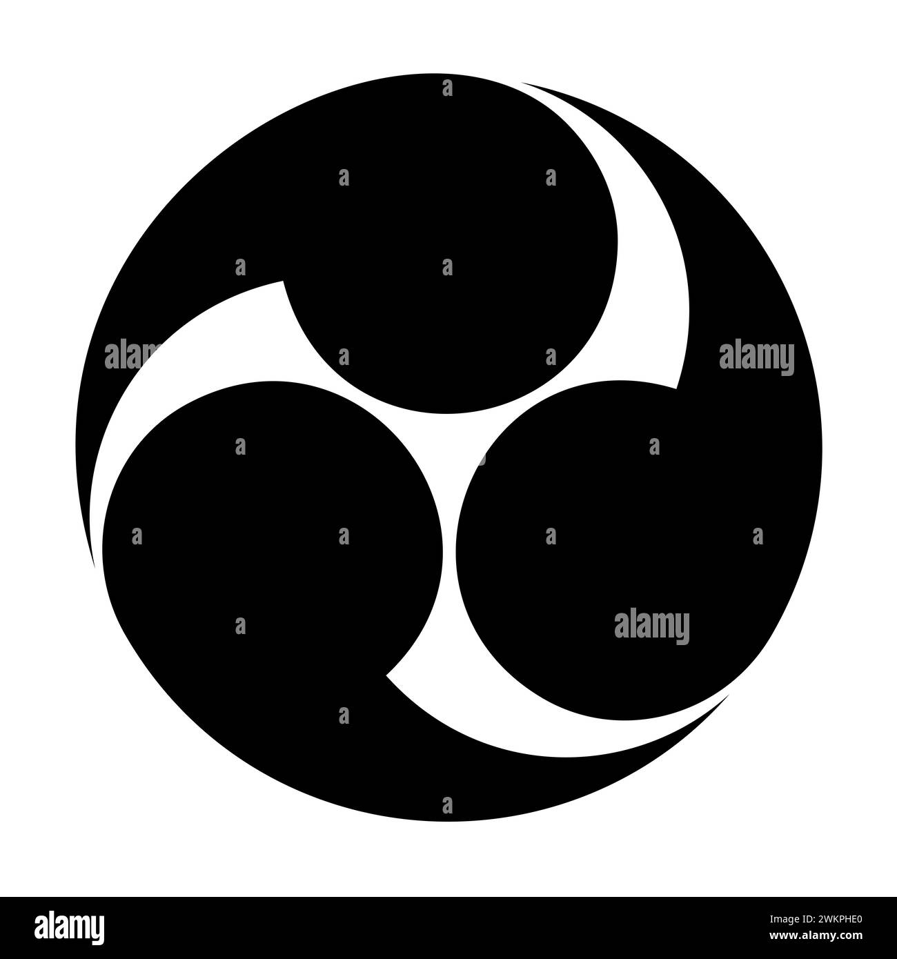 Japanisches tomoe-Symbol, das linke dreifache Mitsudomoe. Ein Wirbel aus drei Kommas oder Kaulquetschen, umschriebener Kreis. Weit verbreitet für oder Embleme usw. Stockfoto