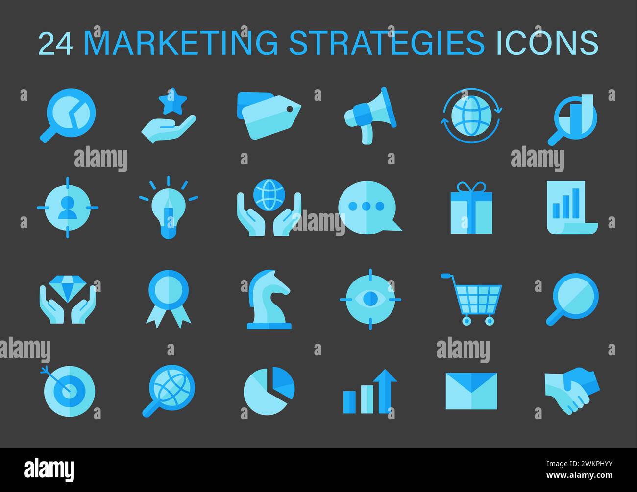 Symbole Für Marketingstrategien Festgelegt. Eine Sammlung von Liniensymbolen, die wichtige Marketingstrategien wie SEO, Social Engagement und Analysen darstellen. Illustration des flachen Vektors. Stock Vektor