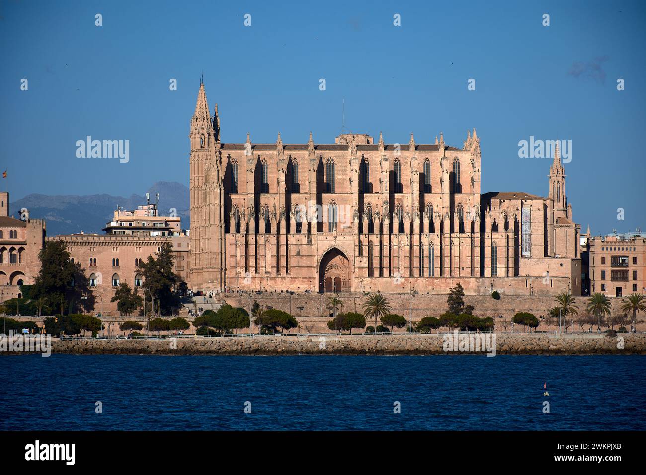 Blick auf die Kathedrale von Mallorca, La Seu, von einem Boot aus gesehen, das ihr sehr nahe kam Stockfoto