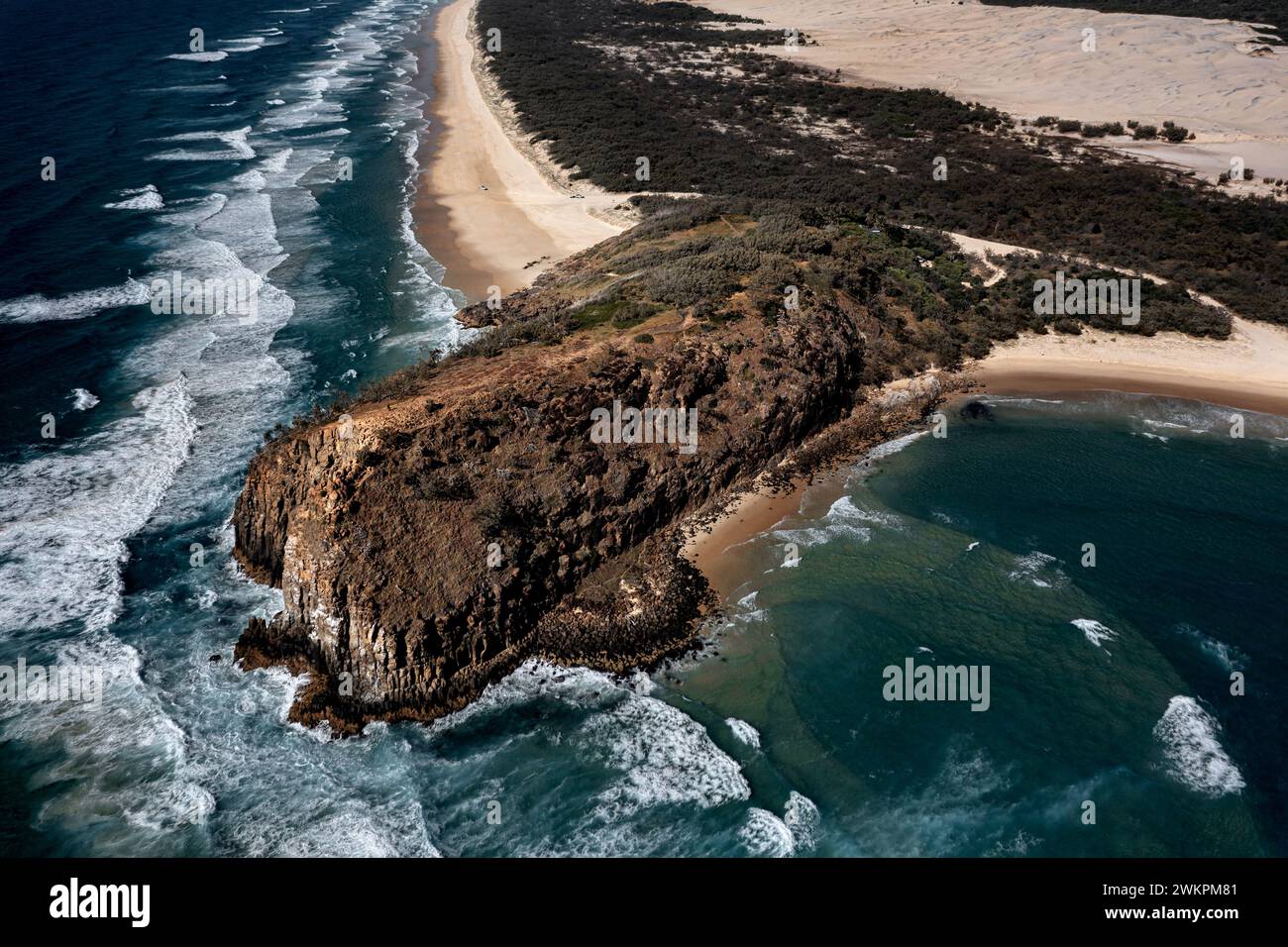 Luftaufnahme des berühmten Indian Head auf der zum Weltkulturerbe gehörenden Fraser Island. Stockfoto