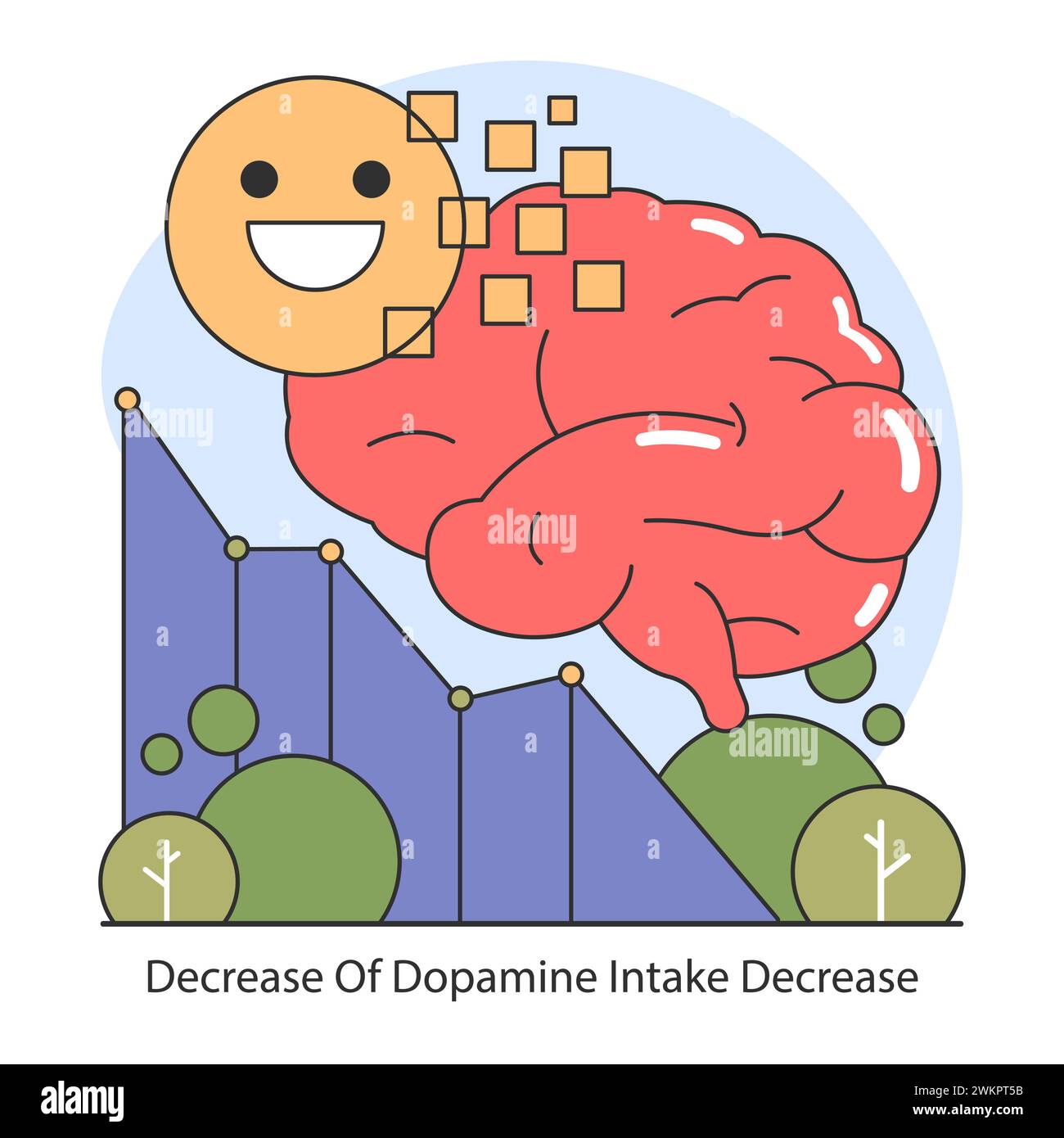 Dopamin-Fasten-Konzept. Grafik- und Hirnbilder zeigen die Verringerung des Dopaminspiegels und symbolisieren kognitives Gleichgewicht und Glück. Illustration des flachen Vektors. Stock Vektor