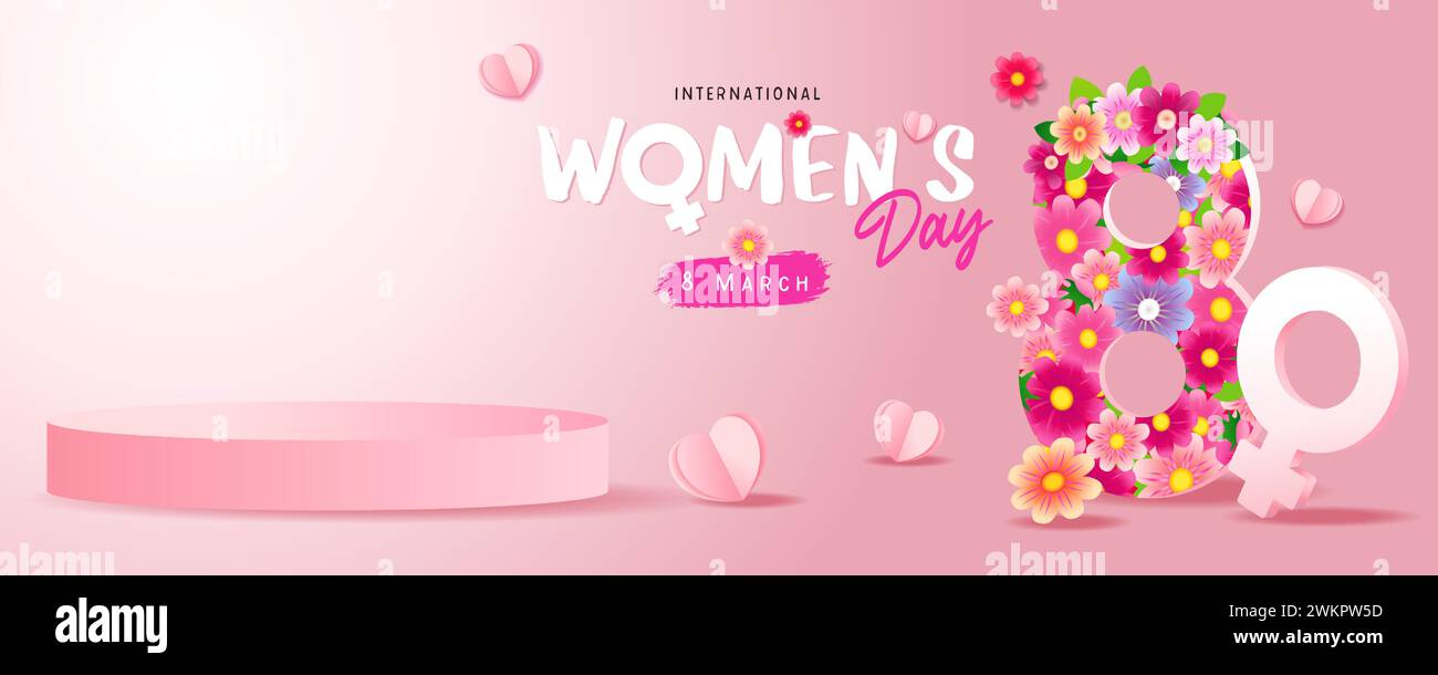 8. März internationaler Frauentag Werbebanner zur Produktvorführung. Happy Women's Day Shoppingvorlage mit Blumen und süßen Papierherzen Stock Vektor