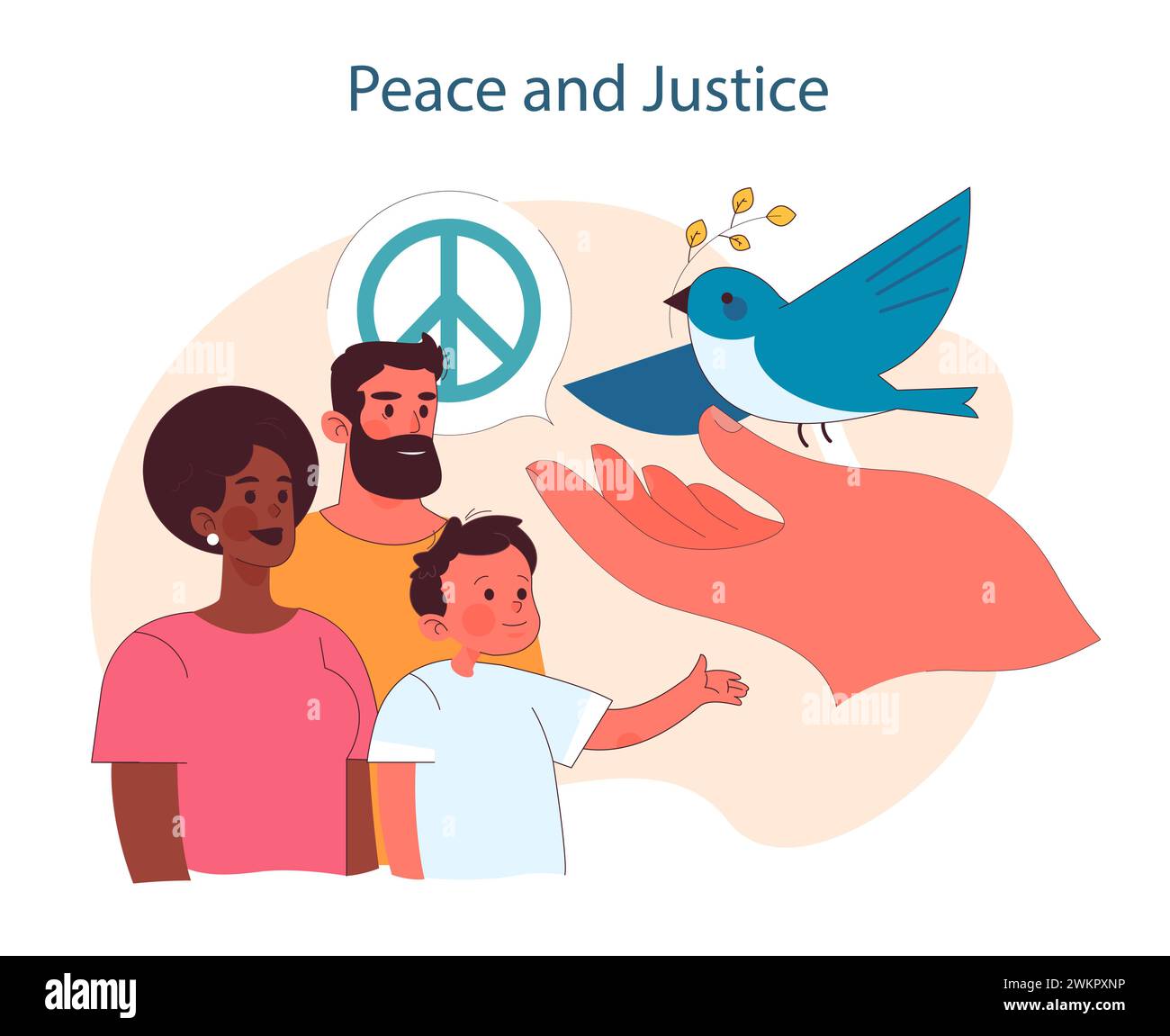 Frieden und Gerechtigkeit. Förderung globaler Harmonie und rechtmäßiger Gerechtigkeit. Wahrzeichen der Ruhe für den gesellschaftlichen Zusammenhalt. Illustration des flachen Vektors Stock Vektor