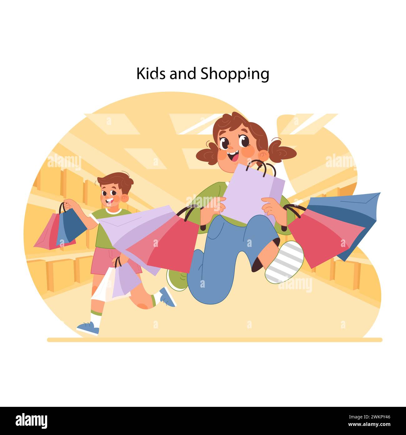 Fröhliches Shopping-Konzept. Bruder und kleine Schwester tragen fröhlich Taschen, gehen aus dem Geschäft, Nervenkitzel über Neukäufe, teilen glückliche Momente im Einzelhandel. Illustration des flachen Vektors Stock Vektor