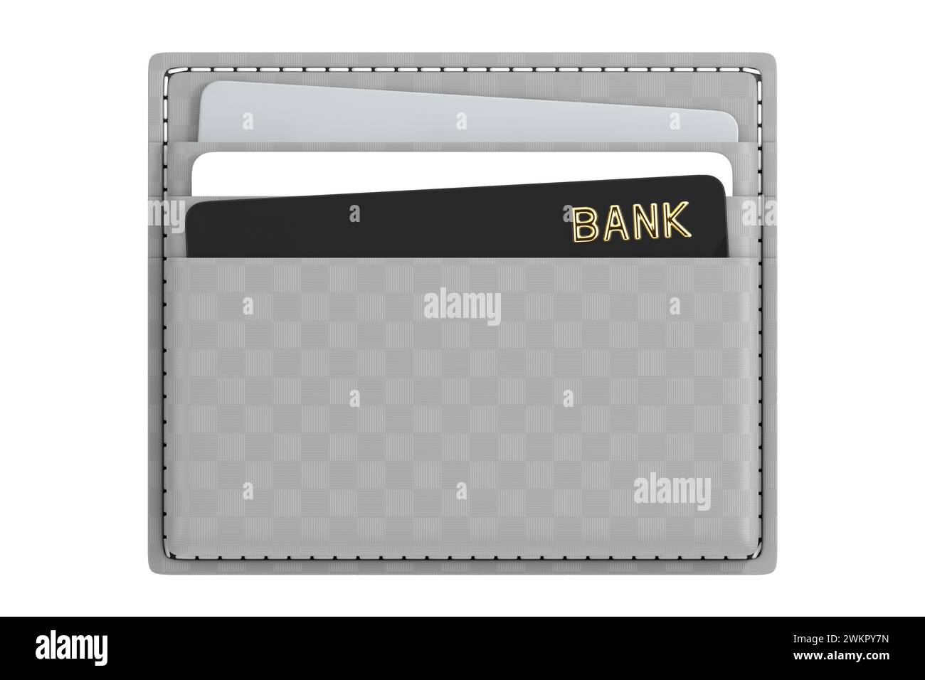 Graues Business Leder Kunststoff Credt Kartenhalter Mockup auf weißem Hintergrund. 3D-Rendering Stockfoto