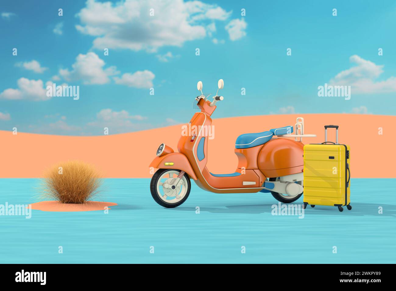 Reisekonzept. Abstrakter klassischer Vintage Retro oder Elektroroller mit modernem gelbem Koffer in der extremen Nahaufnahme der abstrakten Desrt Landschaft. 3D-Erw Stockfoto