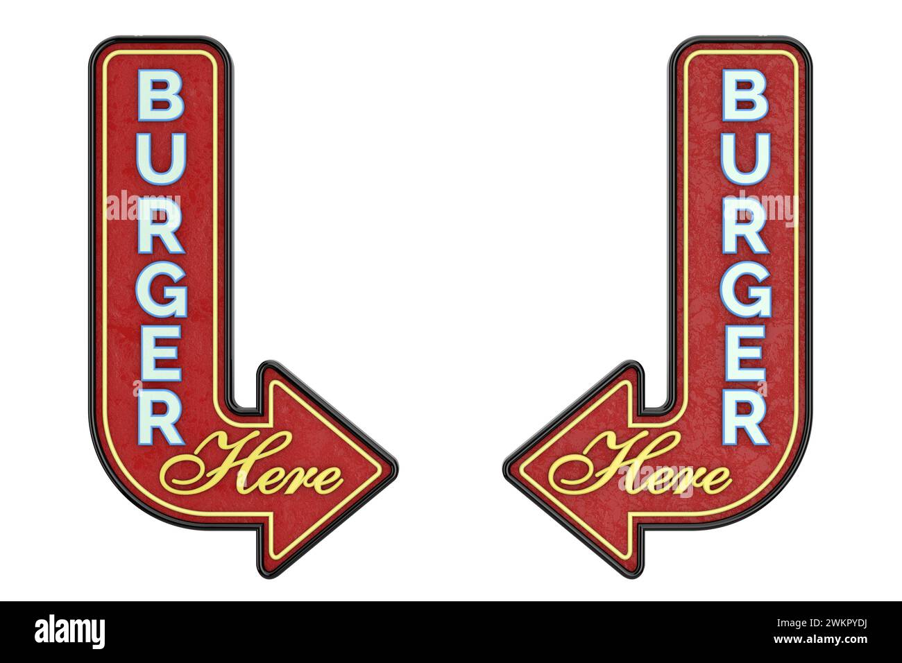Vintage Rusty Metal Burger Here Arrow Schild auf weißem Hintergrund. 3D-Rendering Stockfoto