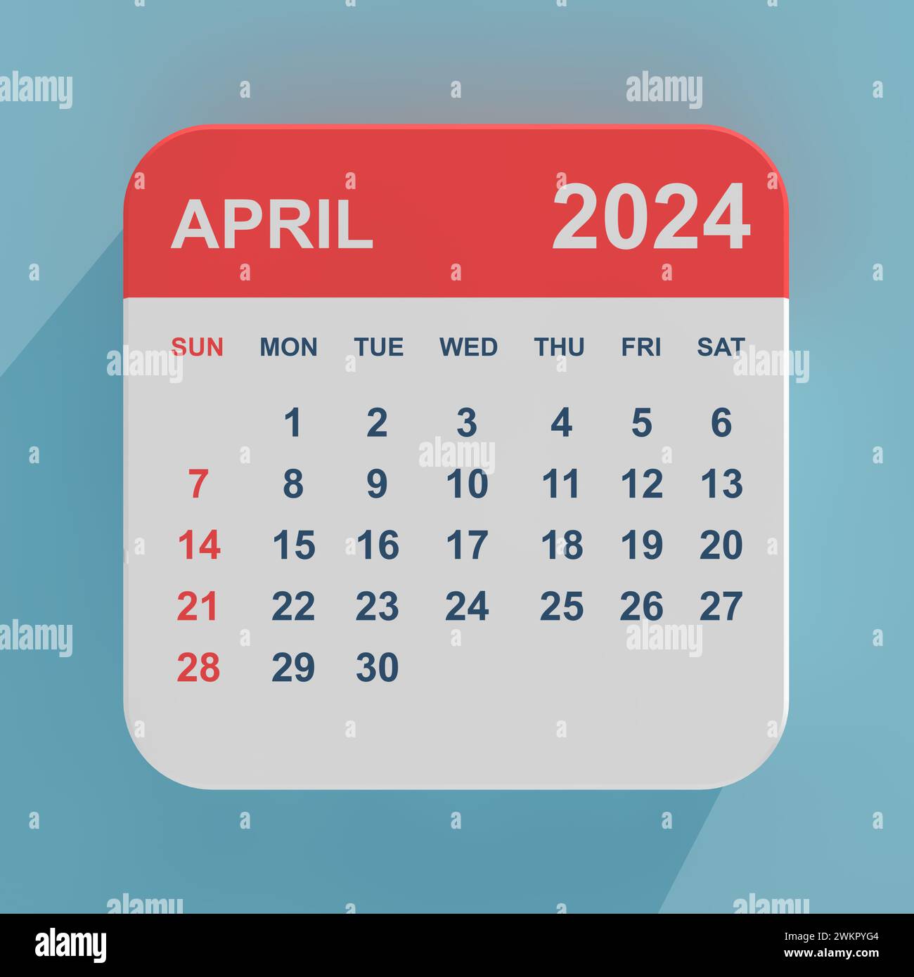Flaches Symbol Kalender April 2024 auf blauem Hintergrund. 3D-Rendering Stockfoto