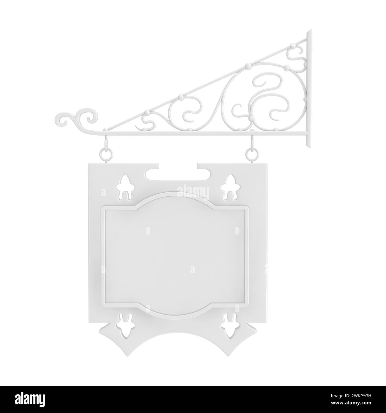 Leeres weißes, einfarbiges Hängeschild mit freiem Platz für Design- und Blumenschmiedeelemente im Ton-Stil auf weißem Hintergrund. 3D-Rendering Stockfoto Leeres weißes, einfarbiges Hängeschild mit freiem Platz für Design- und Blumenschmiedeelemente im Ton-Stil auf weißem Hintergrund. 3D-Rendering Stockfoto