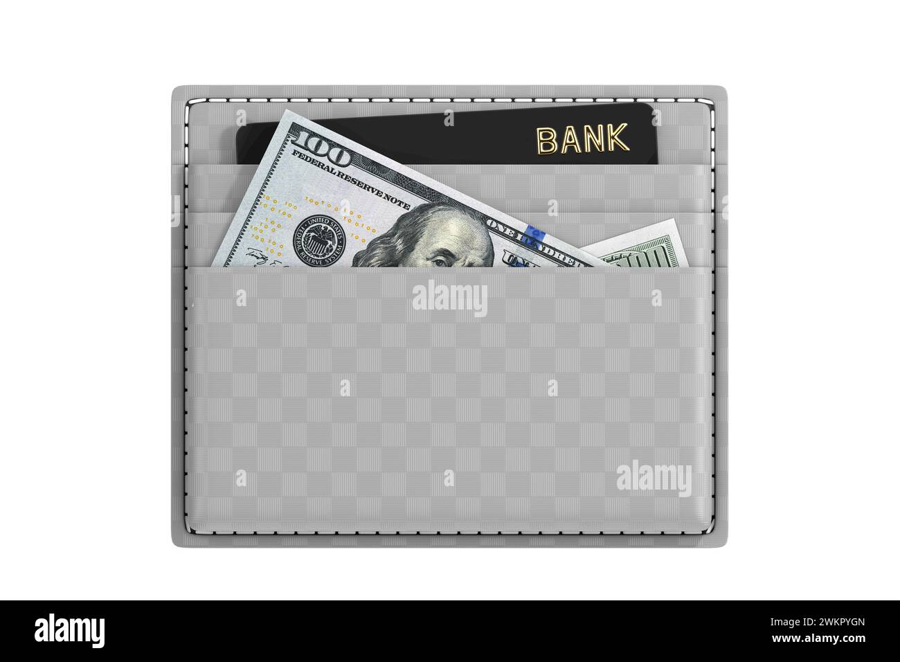Graues Business Leather Plastic Credt Card and Money Bills Holder Mockup auf weißem Hintergrund. 3D-Rendering Stockfoto