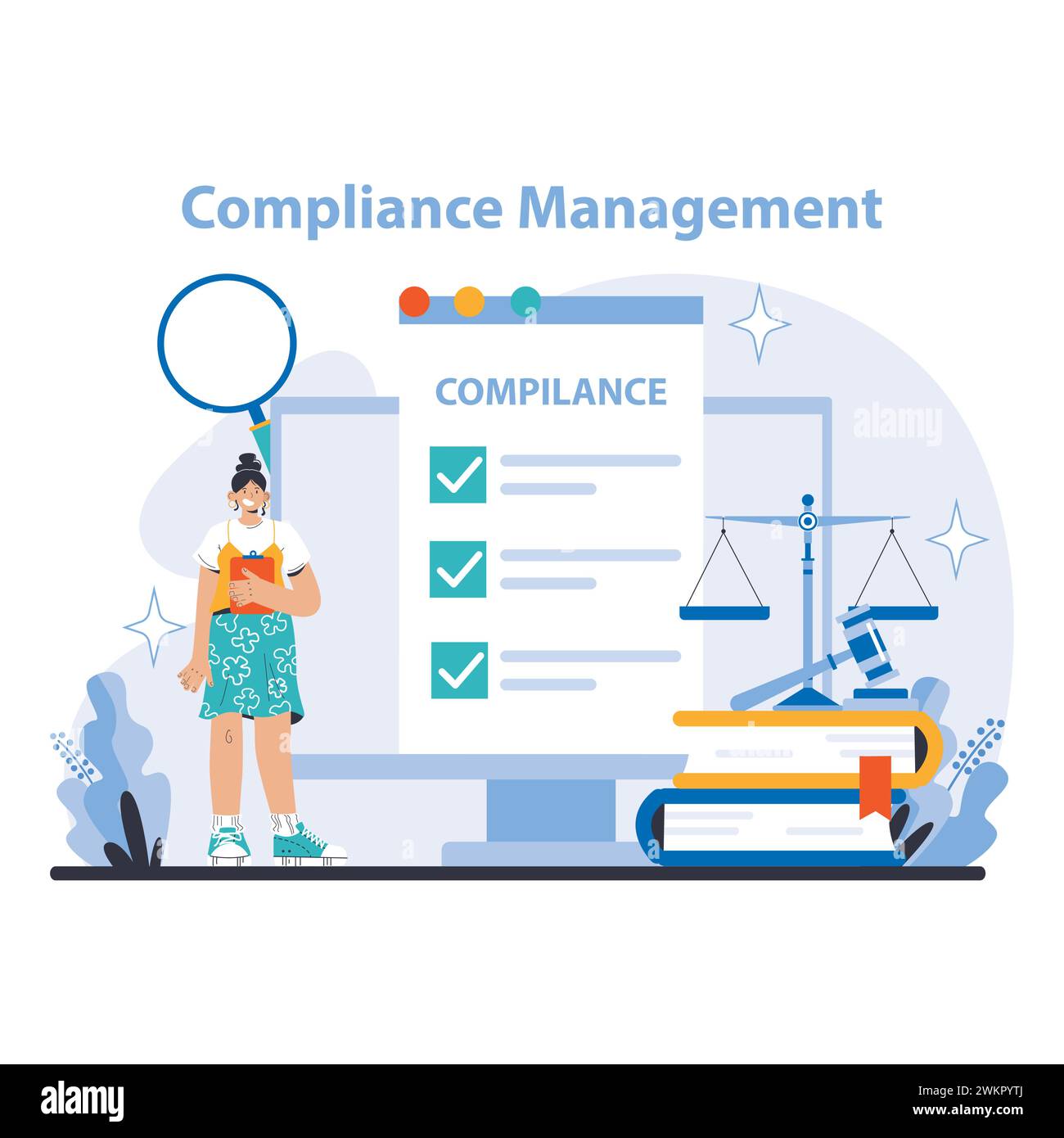 Compliance Management-Konzept. Detaillierte Darstellung der Einhaltung gesetzlicher Vorschriften, gesetzlicher Standards und der Durchsetzung von Richtlinien in Unternehmensprozessen. Systematische Kontrollen und Abwägungen dargestellt. Stock Vektor